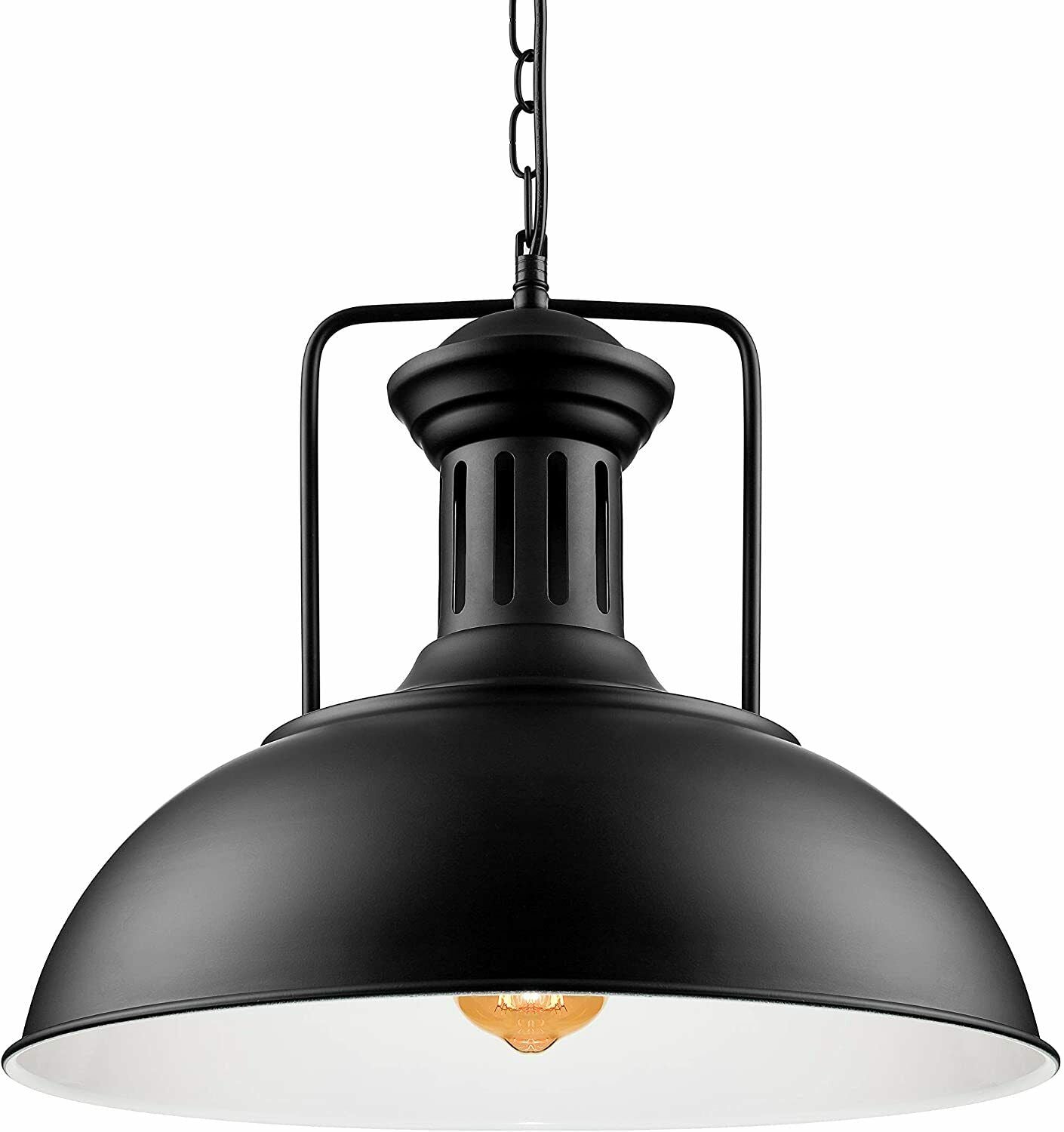 Industrial vintage metal adjustable hanging ceiling light with black exterior and white inner shade, perfect for modern and retro interiors.
