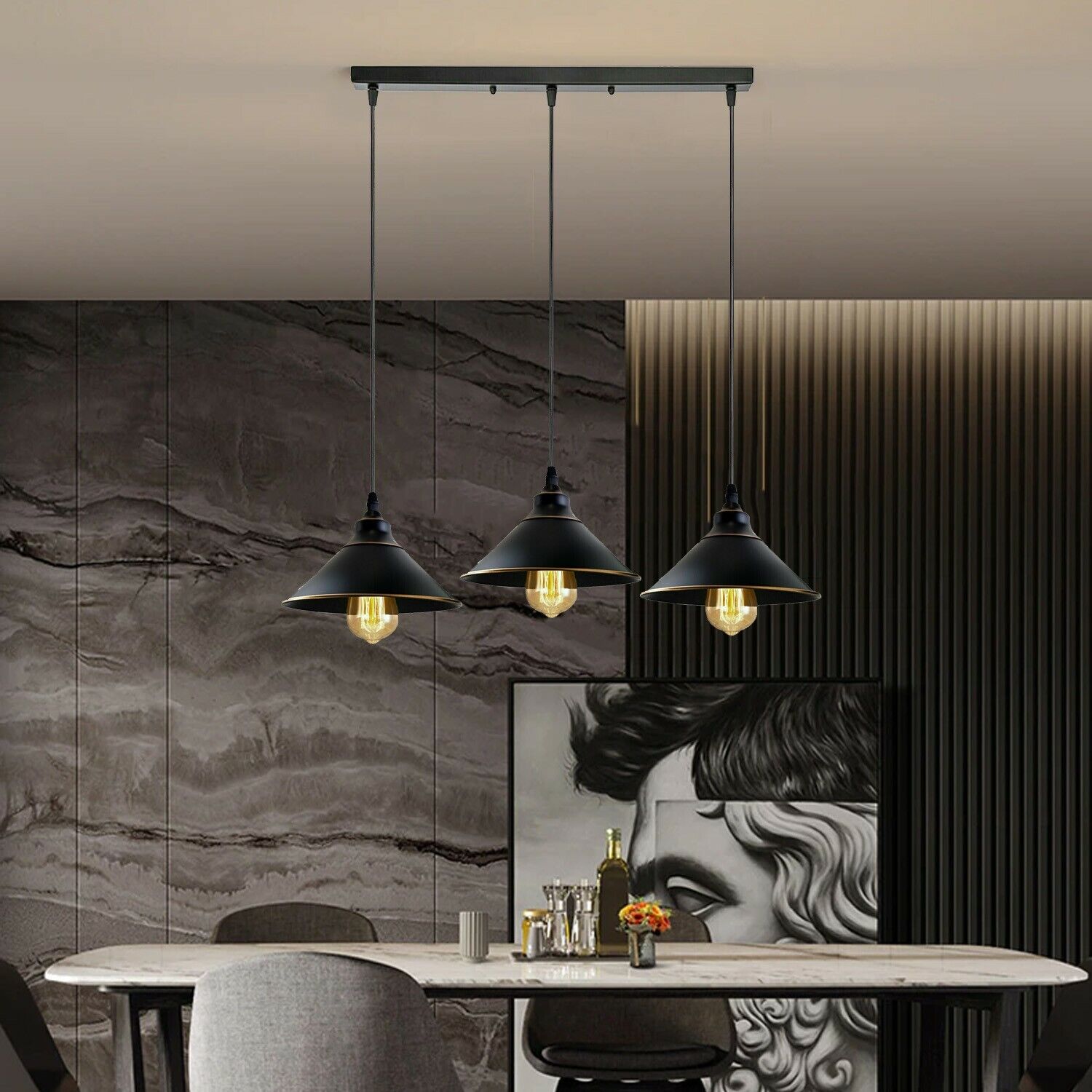 Industrial Vintage Ratio 3 head black cone ceiling pendant light showcasing rustic elegance and modern design.