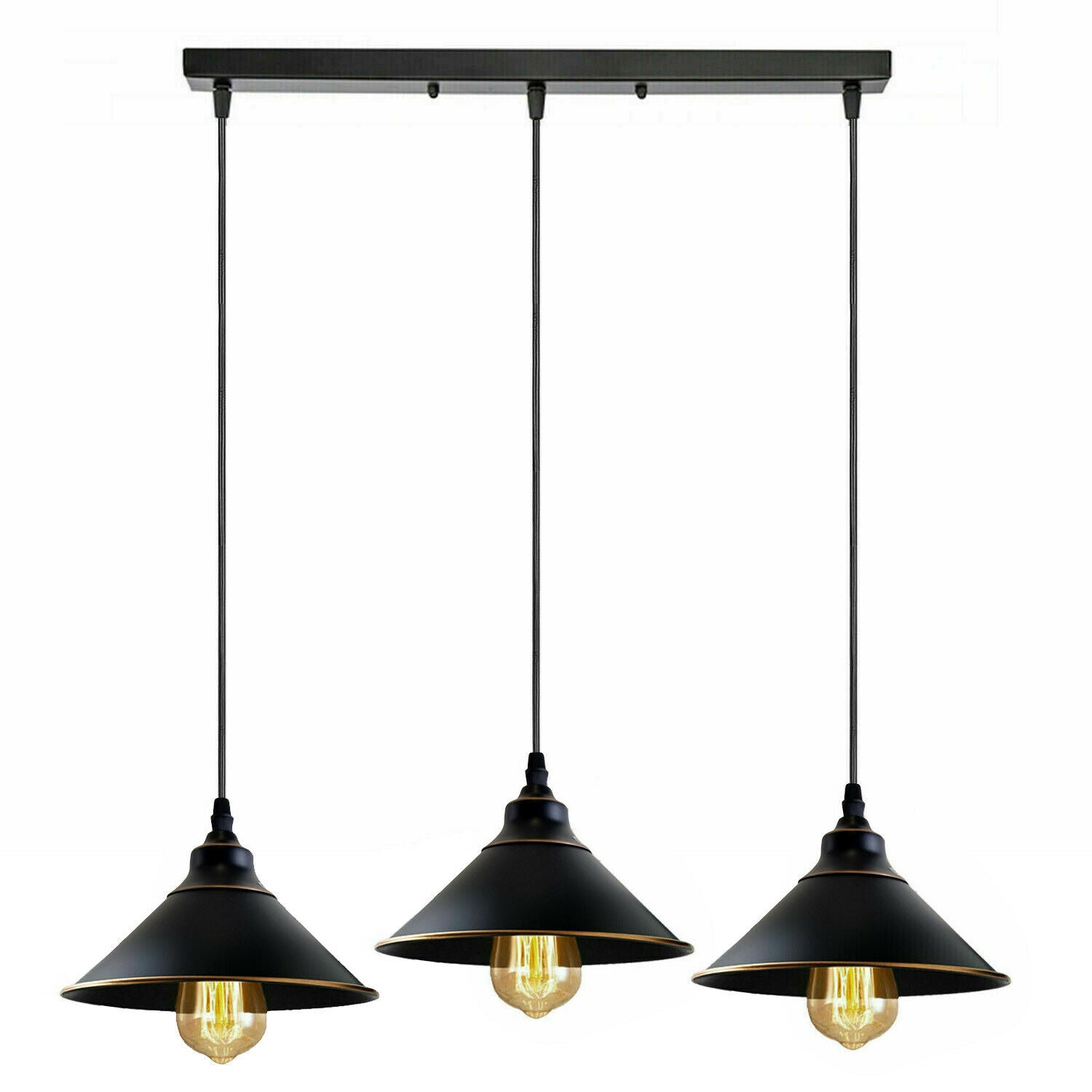 Industrial Vintage Ratio 3 head black cone ceiling pendant light showcasing rustic elegance and modern design.