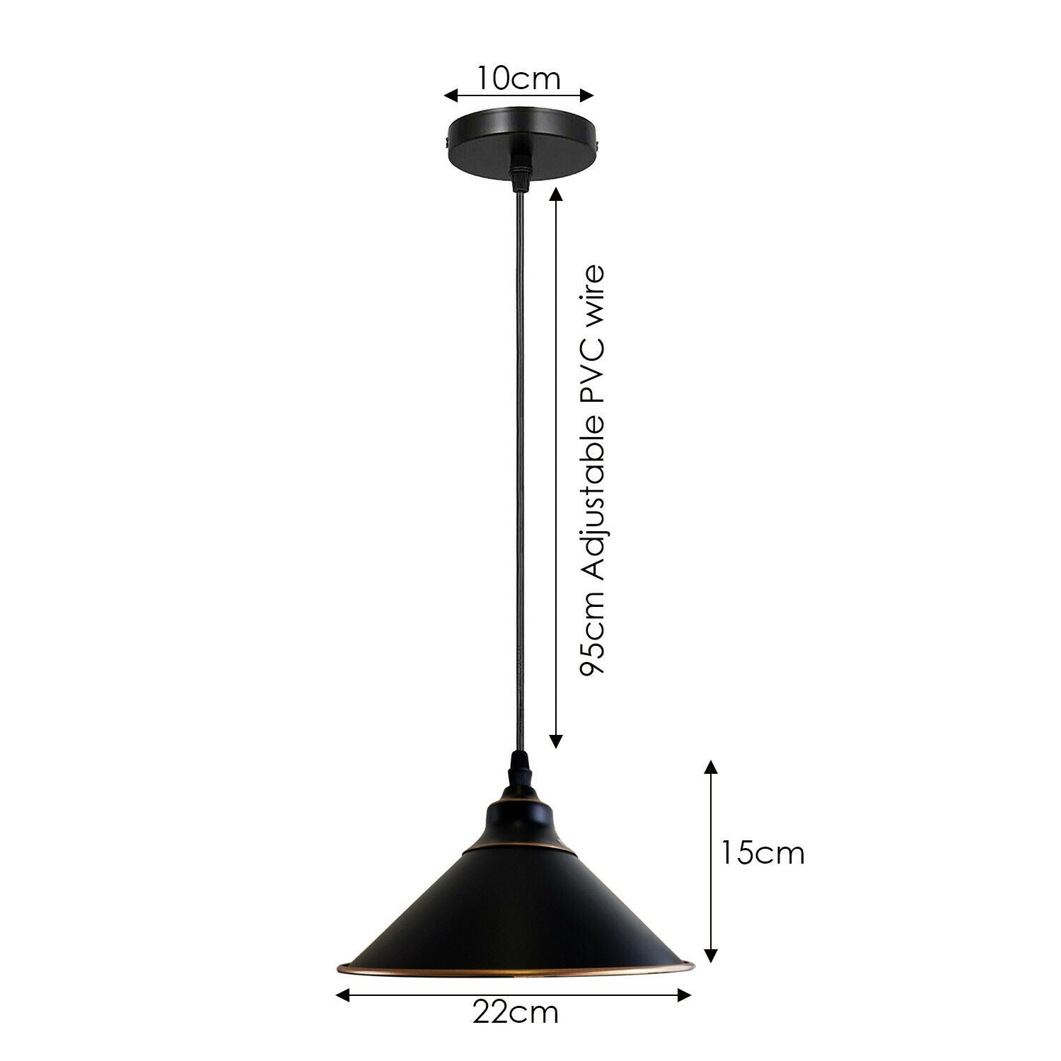 Industrial Vintage Ratio single head round black cone ceiling pendant light with metal shade and adjustable cable.