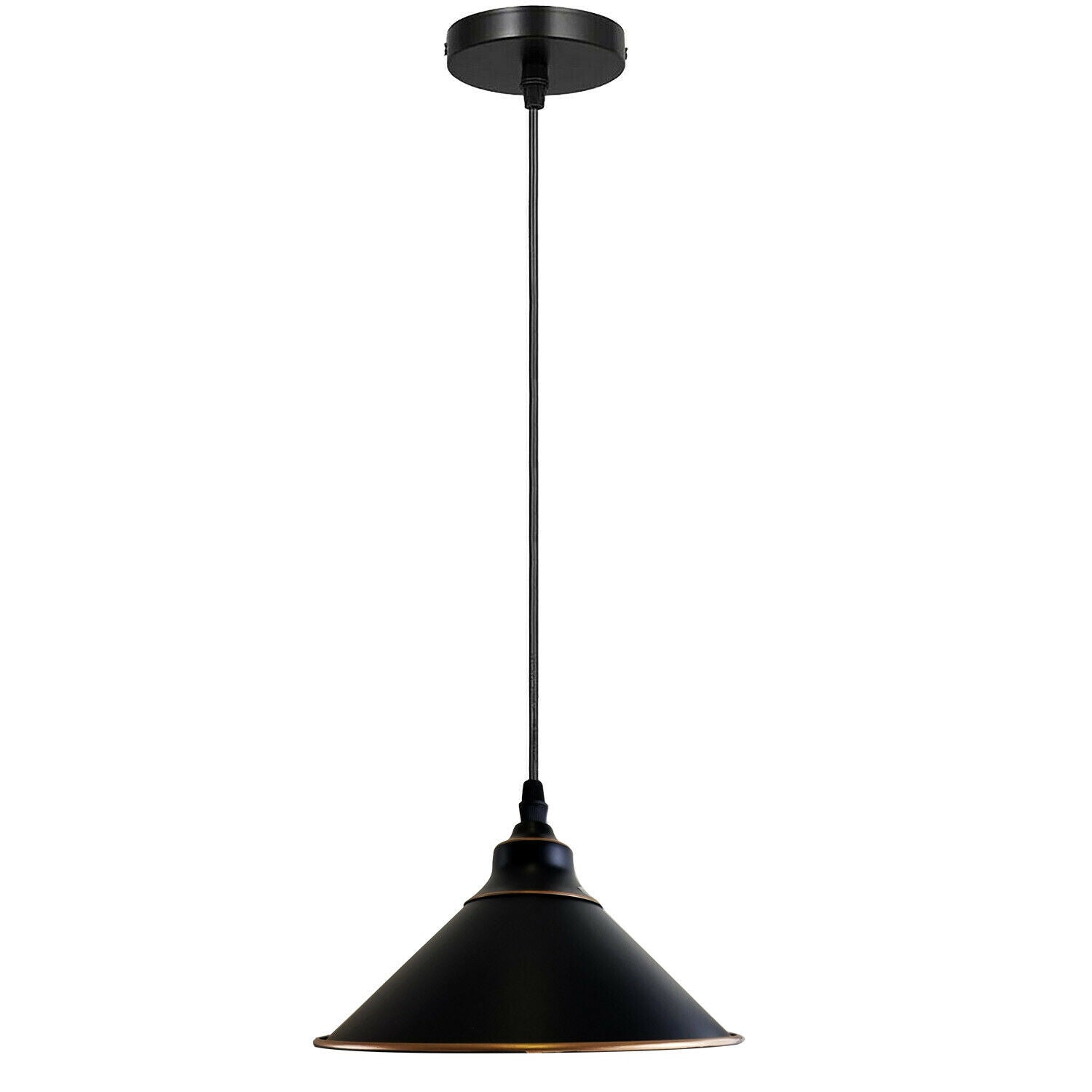 Industrial Vintage Ratio single head round black cone ceiling pendant light with metal shade and adjustable cable.