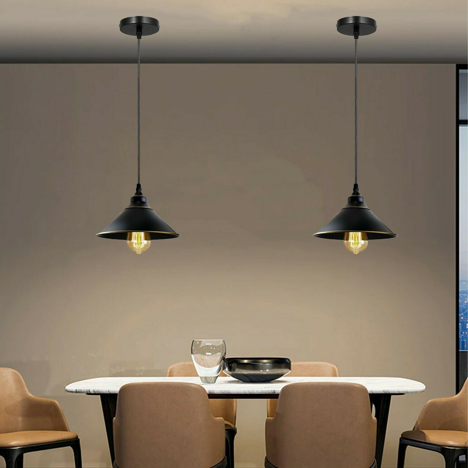 Industrial Vintage Ratio single head round black cone ceiling pendant light with metal shade and adjustable cable.