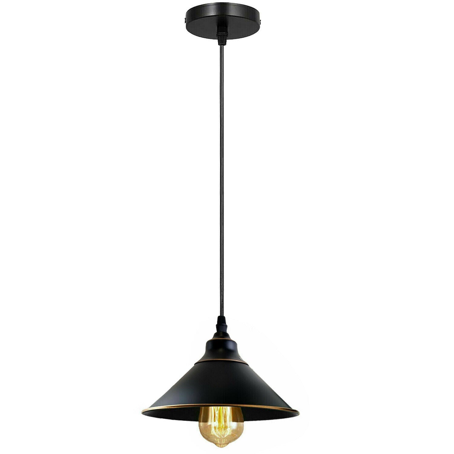 Industrial Vintage Ratio single head round black cone ceiling pendant light with metal shade and adjustable cable.
