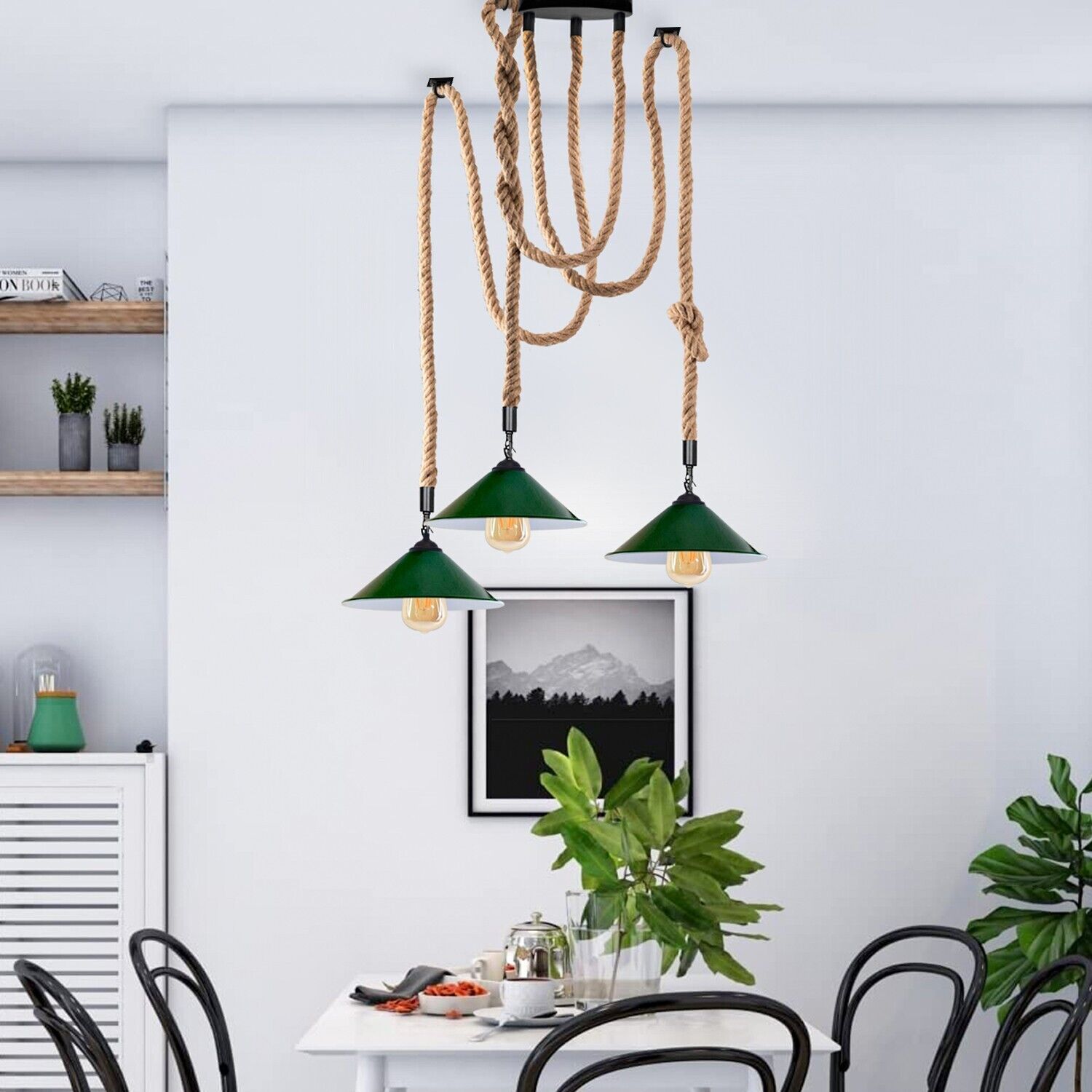 Industrial vintage Retio 3 Head Hemp Spider Chandelier in Cone Green, featuring three E27 lamp holders and a rustic design with hemp and metal materials.