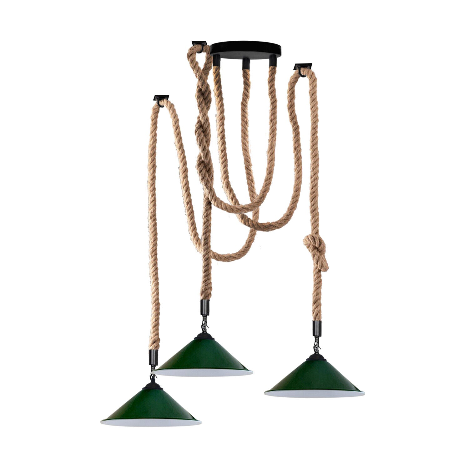 Industrial vintage Retio 3 Head Hemp Spider Chandelier in Cone Green, featuring three E27 lamp holders and a rustic design with hemp and metal materials.
