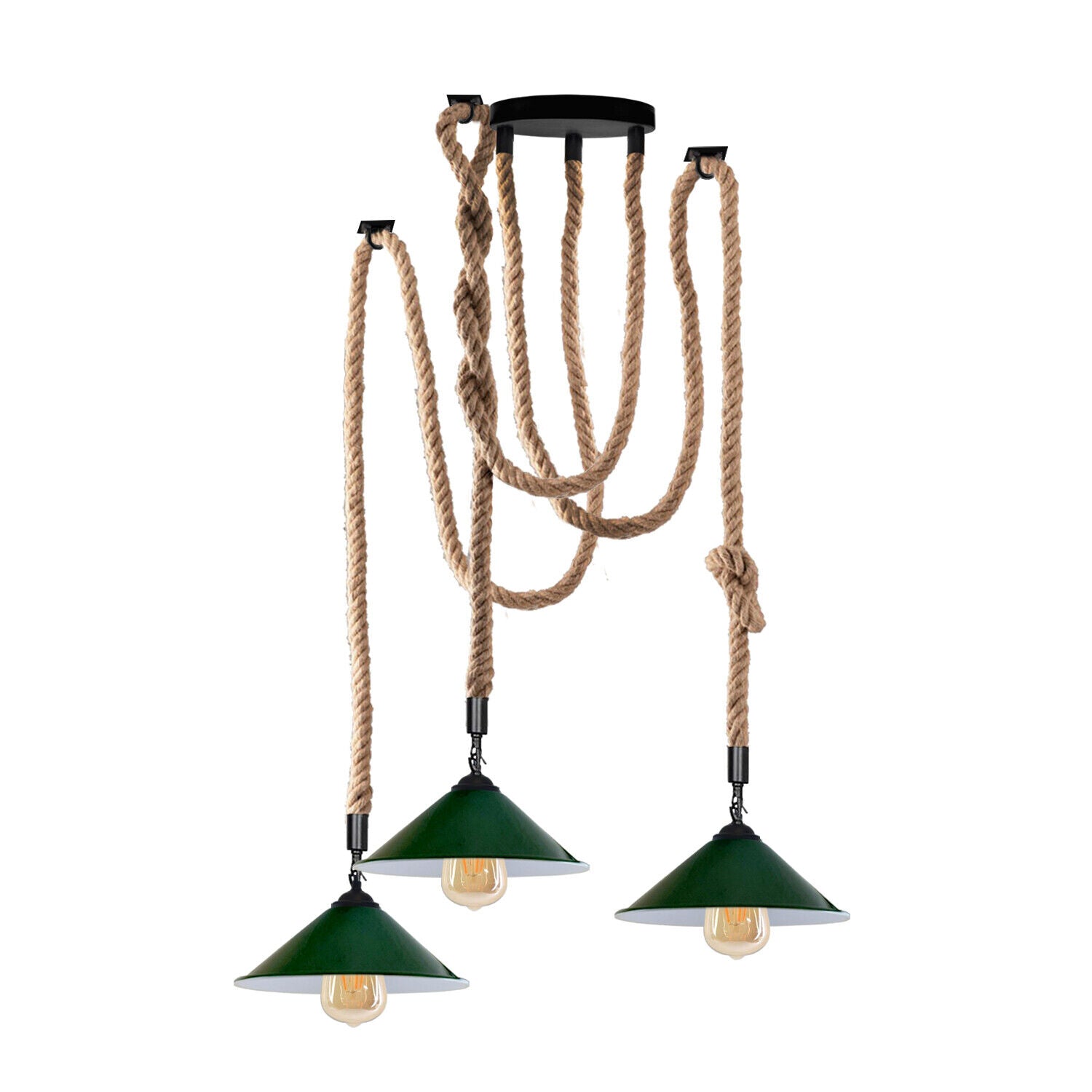 Industrial vintage Retio 3 Head Hemp Spider Chandelier in Cone Green, featuring three E27 lamp holders and a rustic design with hemp and metal materials.