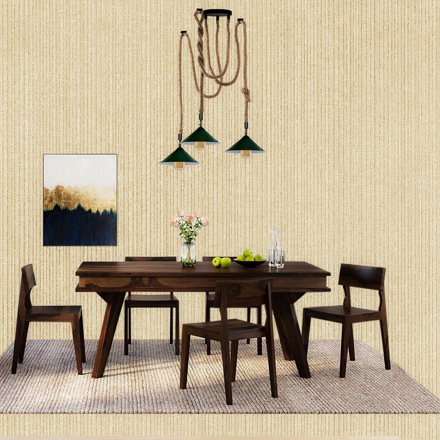 Industrial vintage Retio 3 Head Hemp Spider Chandelier in Cone Green, featuring three E27 lamp holders and a rustic design with hemp and metal materials.