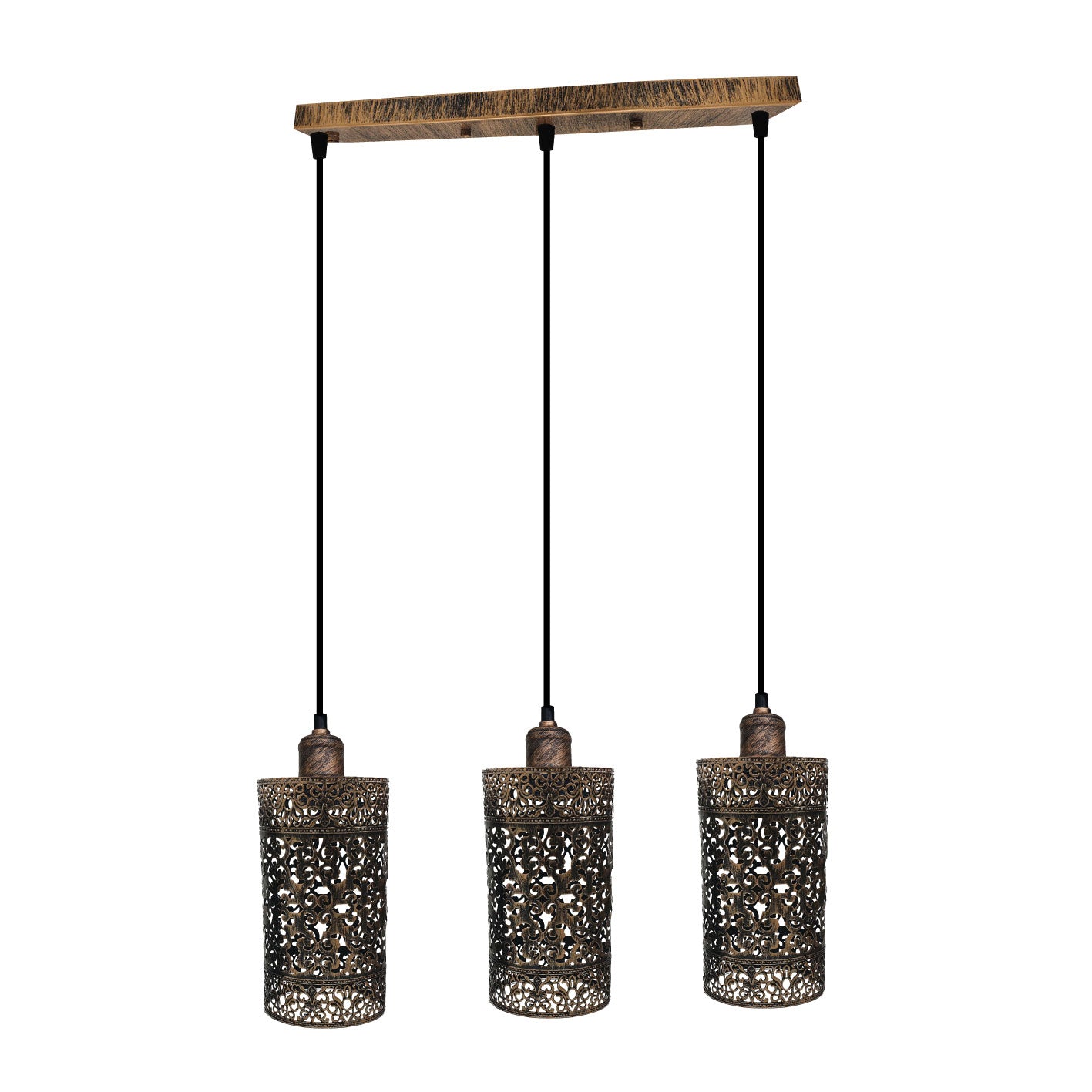 Industrial vintage retro pendant light with three brushed copper drum cylinders, showcasing a stylish design suitable for indoor spaces.