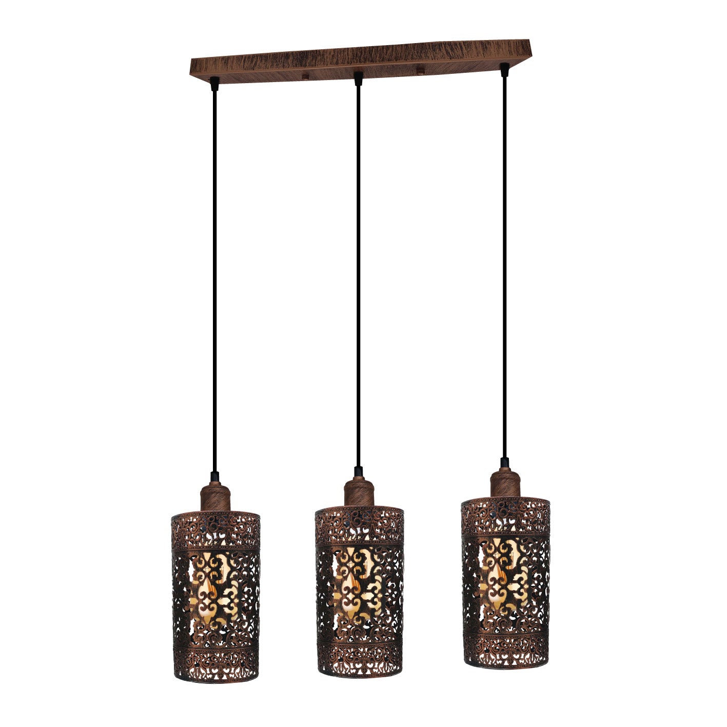 Industrial vintage retro pendant light with three brushed copper drum cylinders, showcasing a stylish design suitable for indoor spaces.
