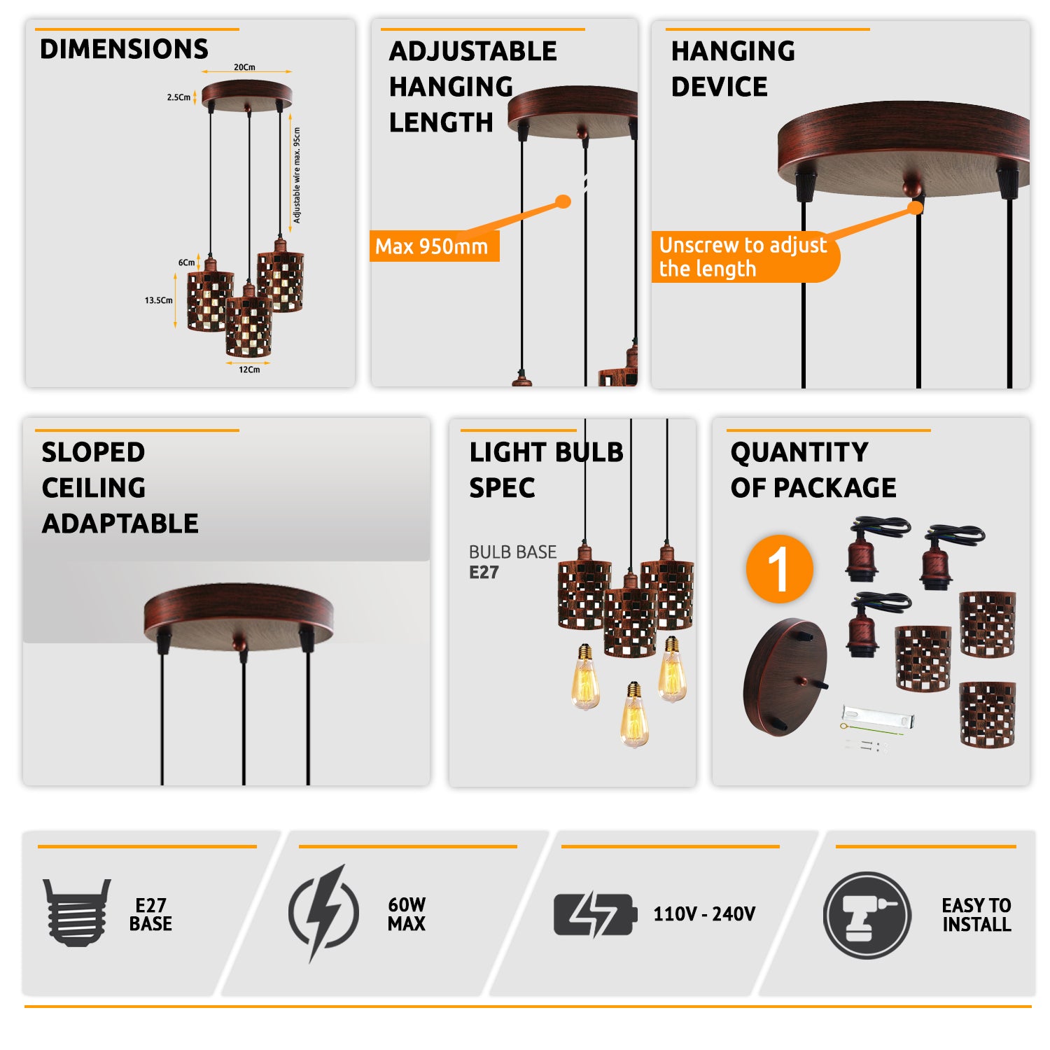 Industrial Vintage Retro light featuring a 3-way cage pendant design, showcasing metal and PVC materials, ideal for modern home decor.