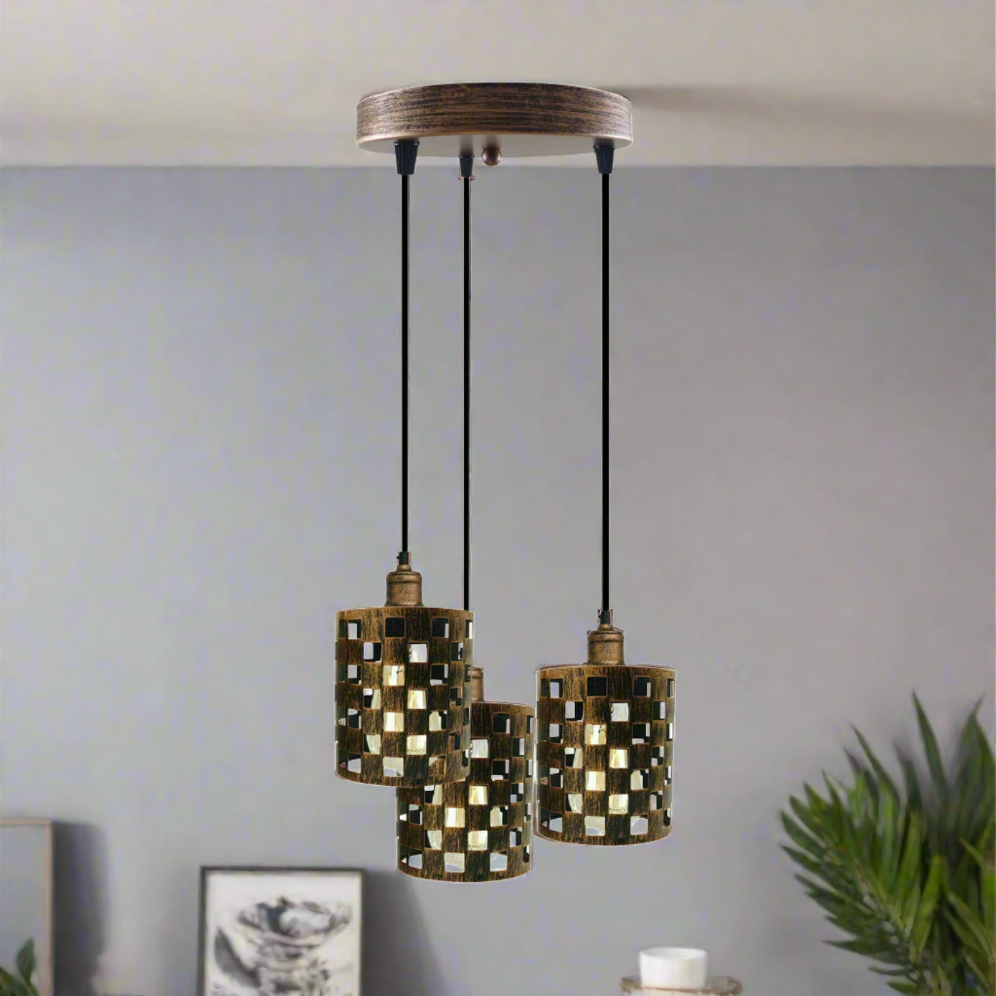 Industrial Vintage Retro light featuring a 3-way cage pendant design, showcasing metal and PVC materials, ideal for modern home decor.