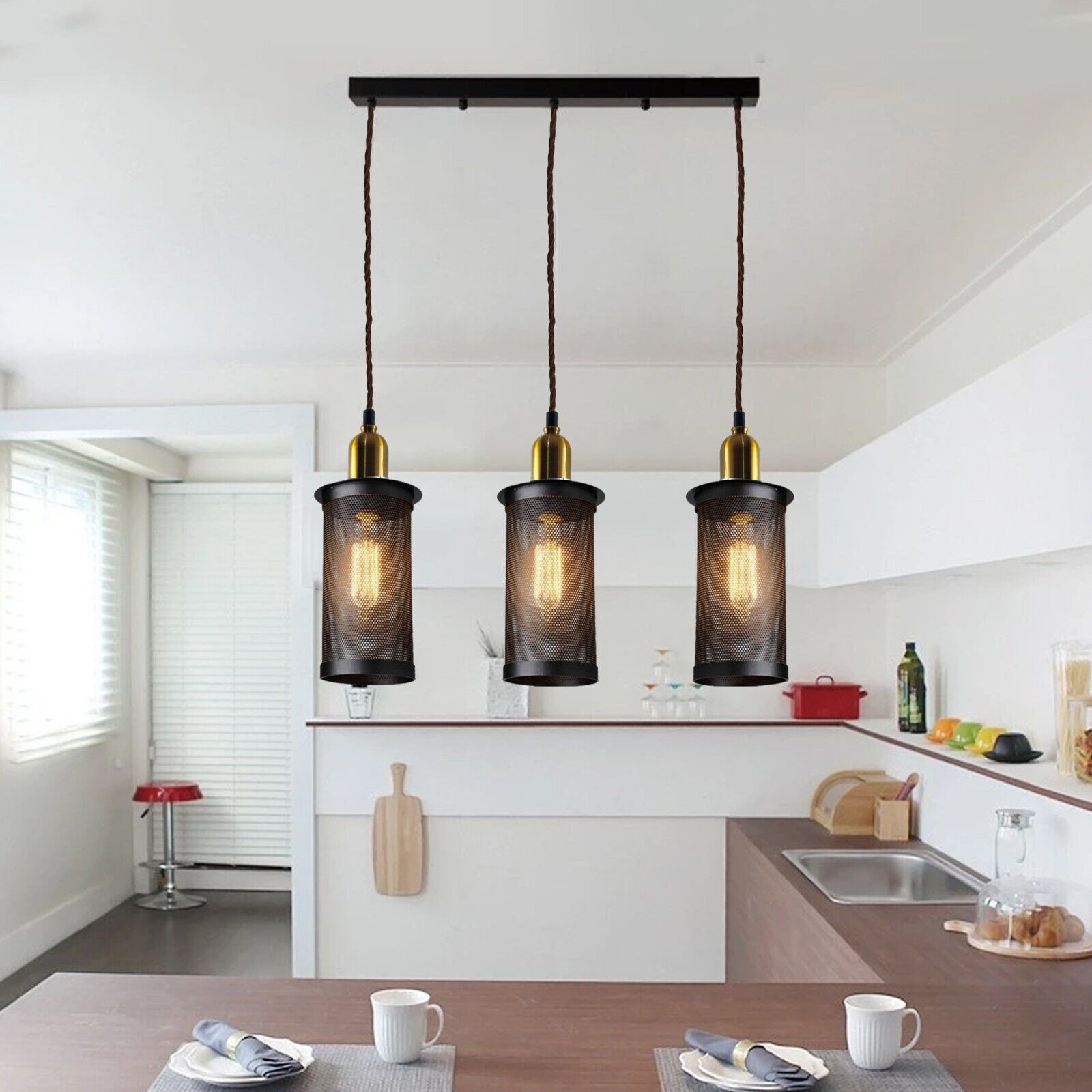 Industrial Vintage Retro Metal 3 Head Pendant Ceiling Lampshade with three adjustable lamp heads and metal finish, perfect for stylish indoor lighting.