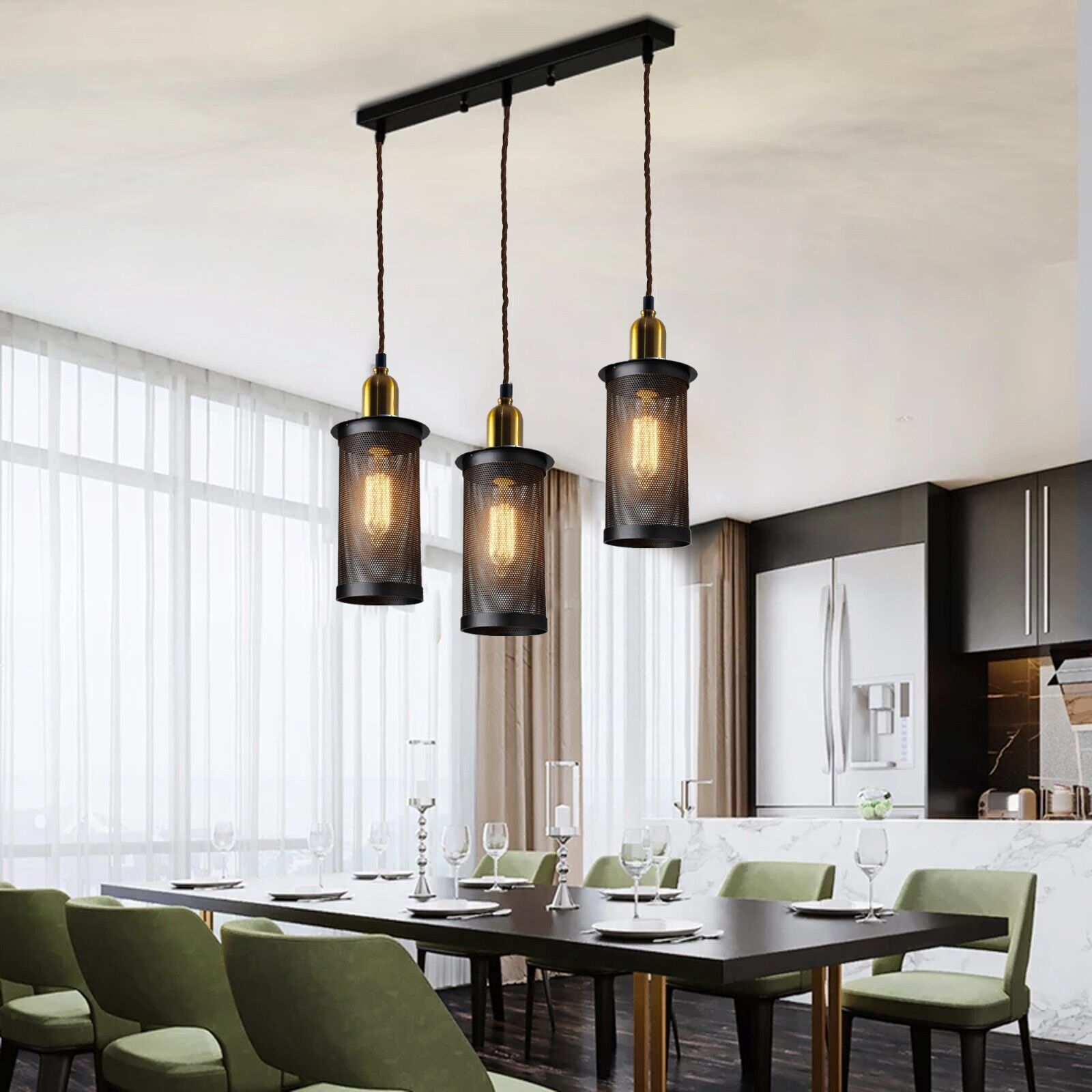 Industrial Vintage Retro Metal 3 Head Pendant Ceiling Lampshade with three adjustable lamp heads and metal finish, perfect for stylish indoor lighting.