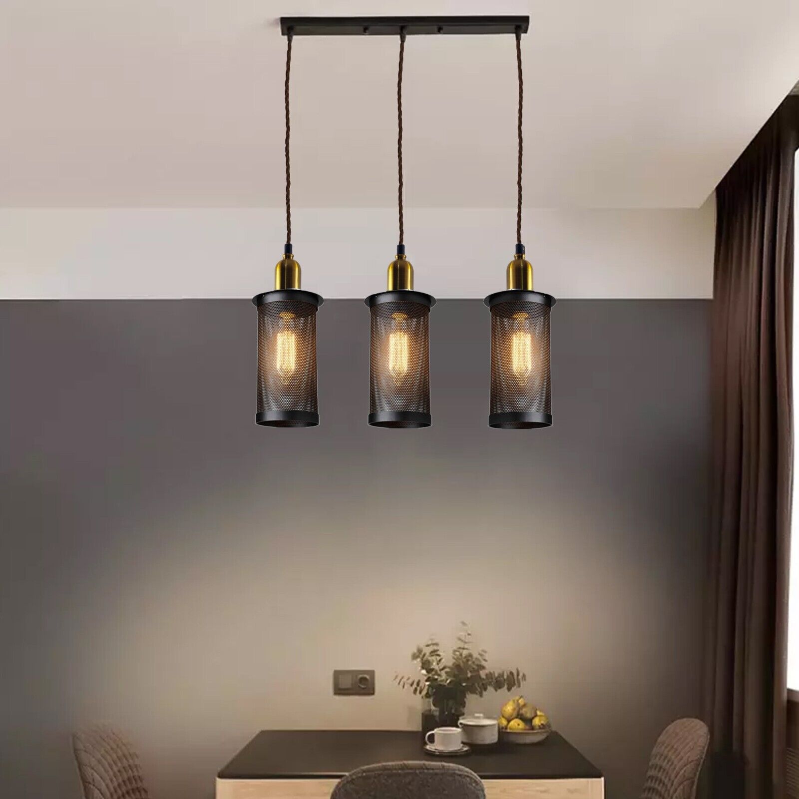 Industrial Vintage Retro Metal 3 Head Pendant Ceiling Lampshade with three adjustable lamp heads and metal finish, perfect for stylish indoor lighting.