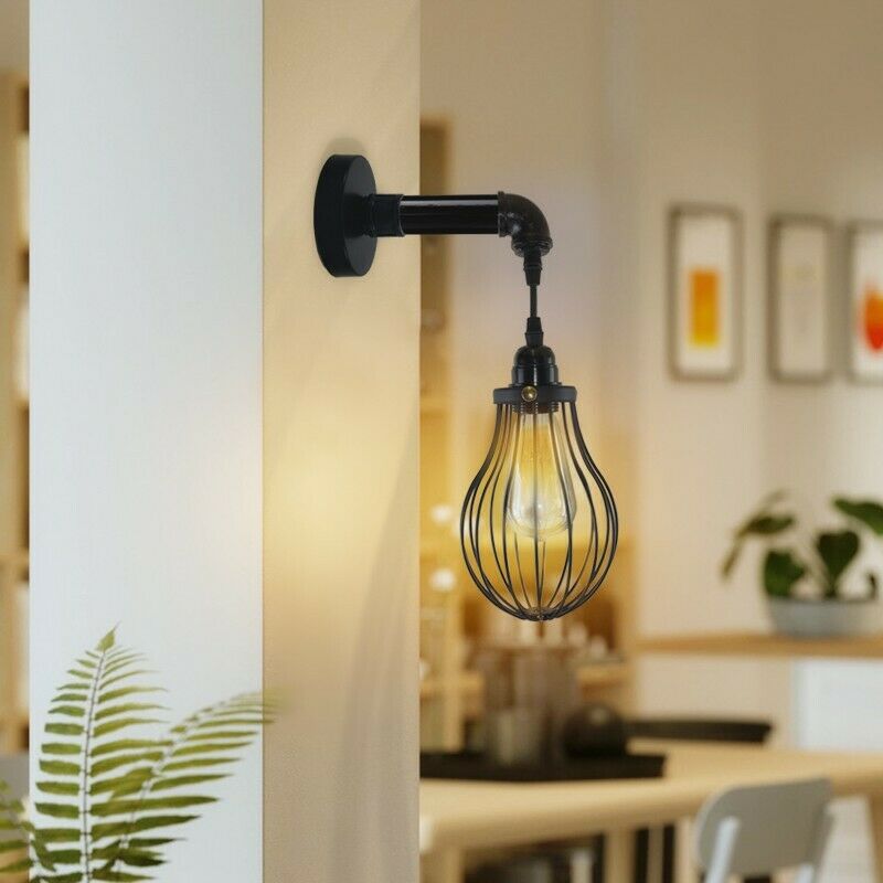Industrial Vintage Retro Pipe Sconces Wall Light with black cage design, showcasing its stylish and functional features.