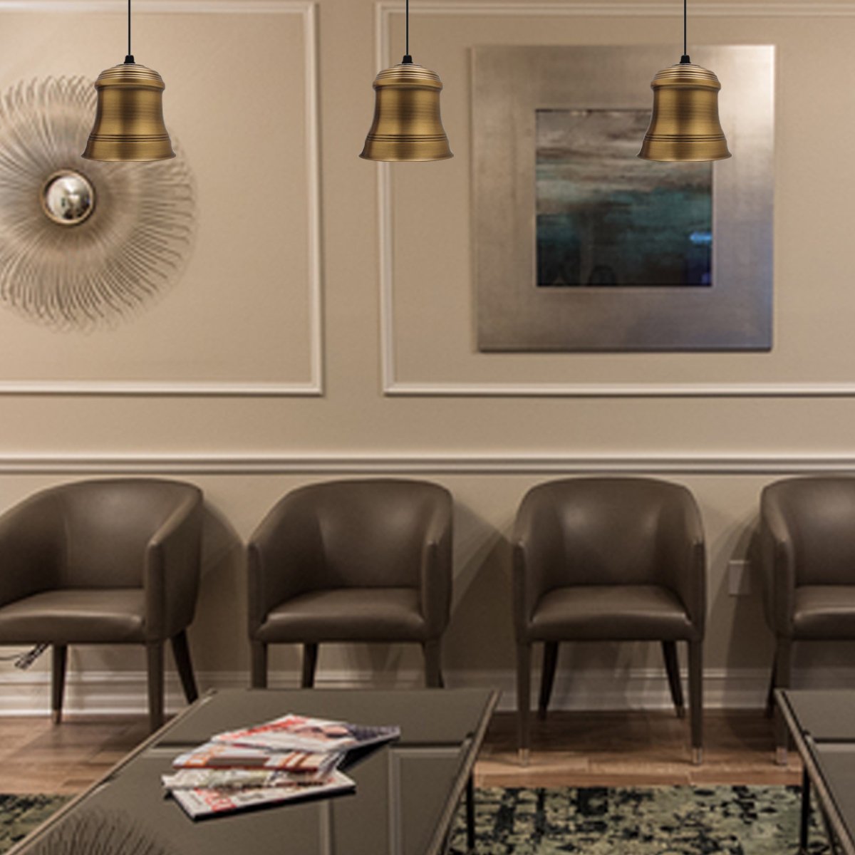 Industrial vintage retro style pendant light in yellow brass, featuring an E27 base and a stylish design suitable for various interiors.