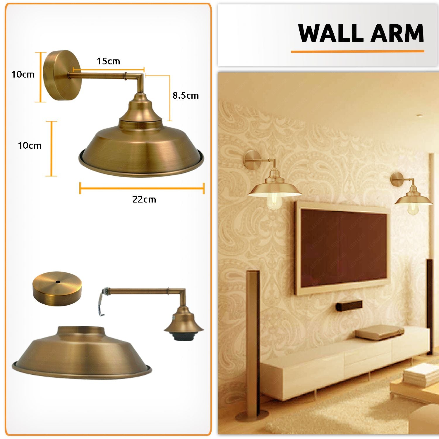 Industrial Vintage Retro Wall Lamp in yellow brass finish, showcasing elegant design and E27 Edison bulb compatibility.