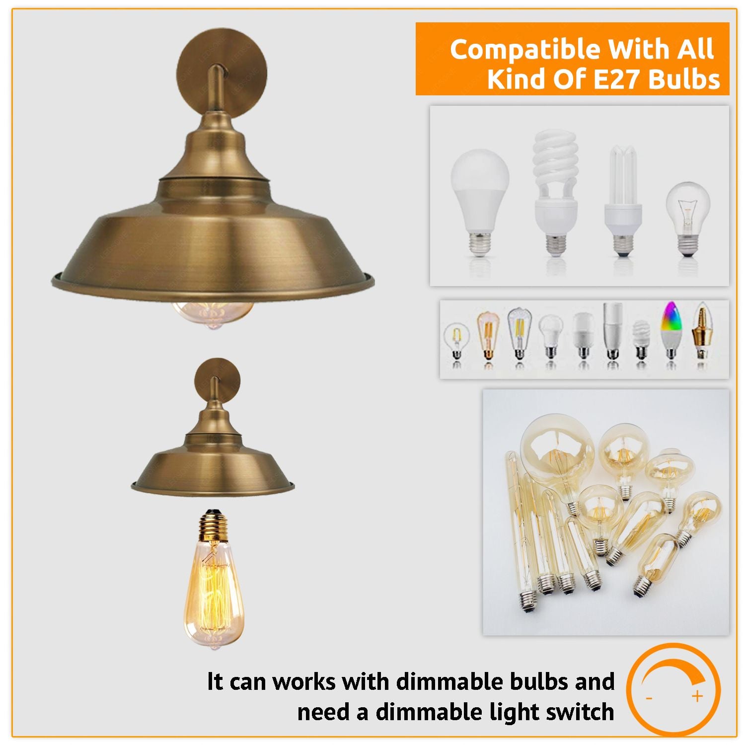 Industrial Vintage Retro Wall Lamp in yellow brass finish, showcasing elegant design and E27 Edison bulb compatibility.