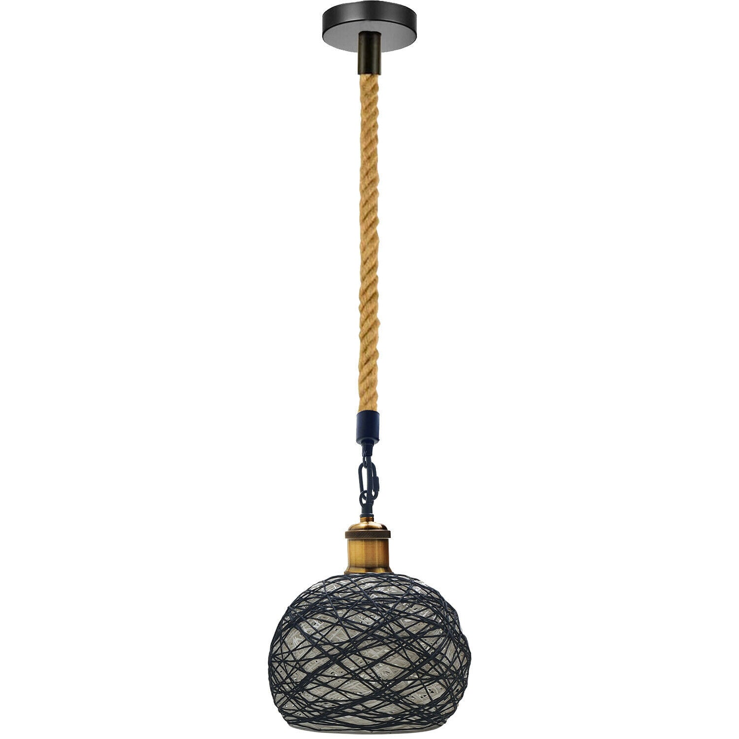 Industrial vintage pendant lamp made of rattan and metal with hemp rope, showcasing a rustic design suitable for home decor.