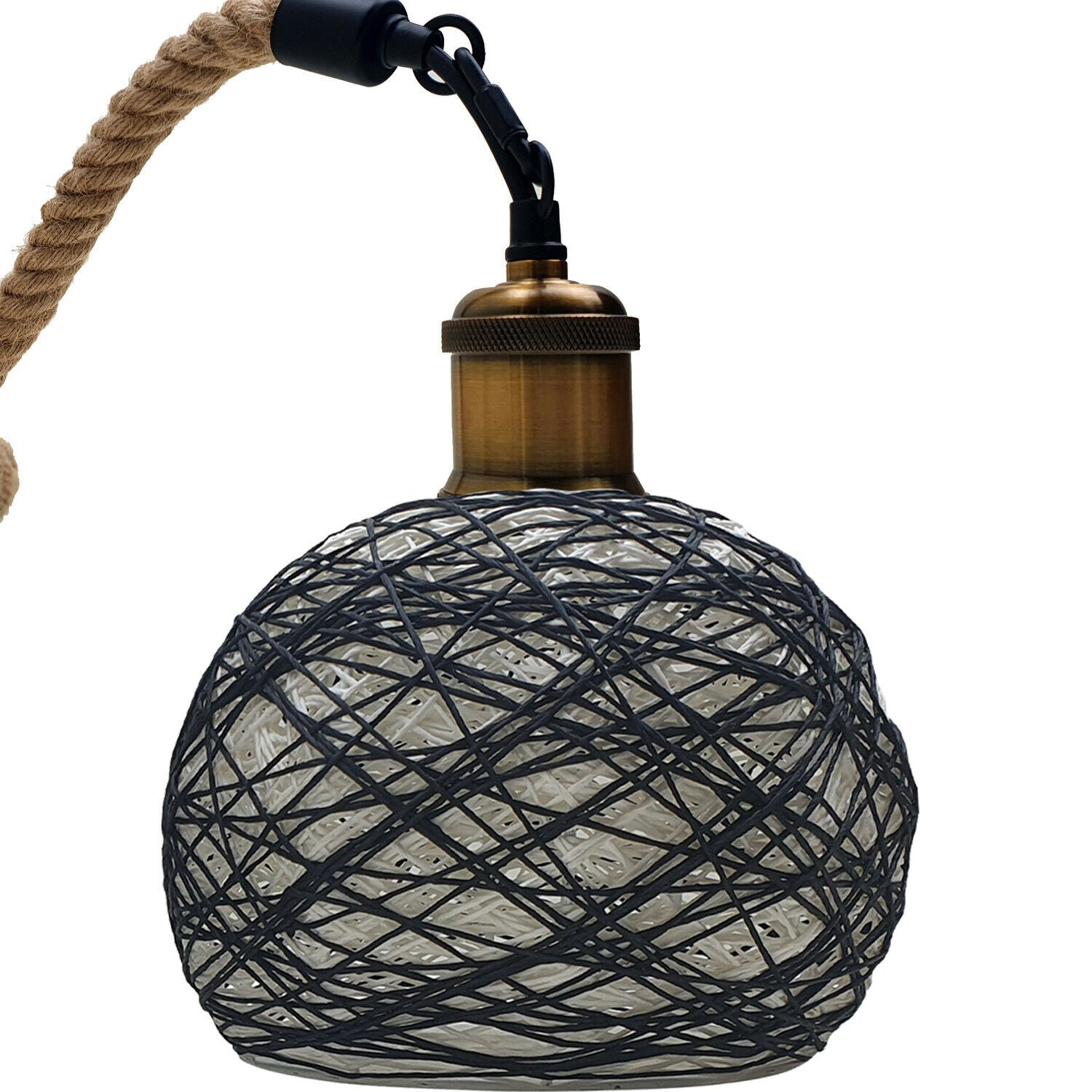 Industrial vintage pendant lamp made of rattan and metal with hemp rope, showcasing a rustic design suitable for home decor.