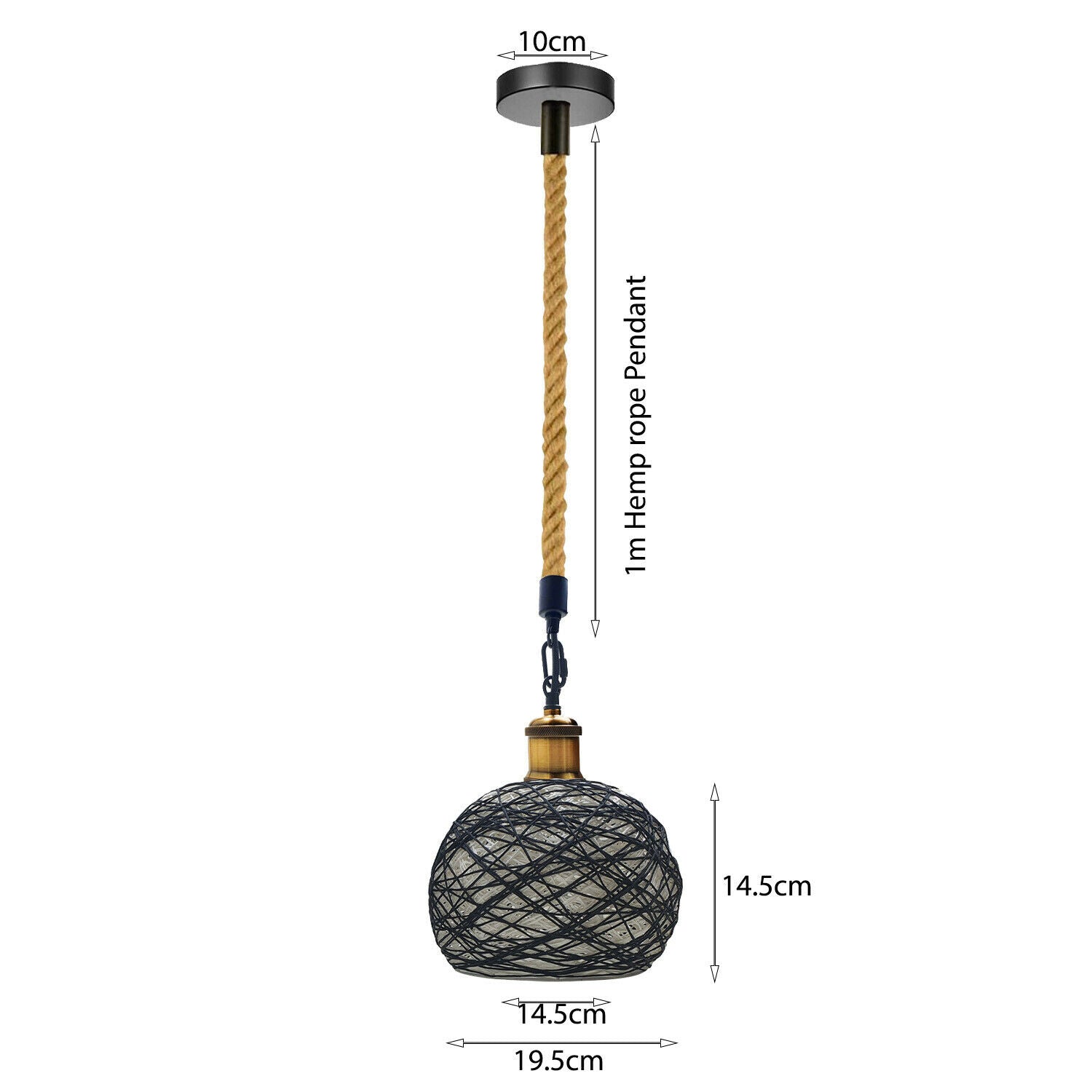 Industrial vintage pendant lamp made of rattan and metal with hemp rope, showcasing a rustic design suitable for home decor.