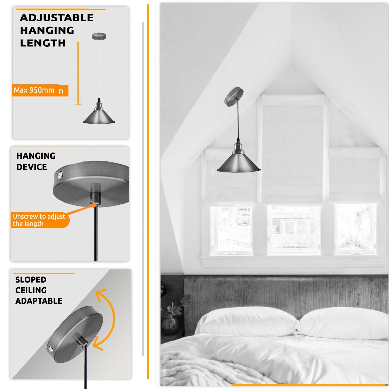 Industrial Vintage single ceiling pendant light with a metal cone design in satin finish, showcasing its elegant and modern aesthetic.