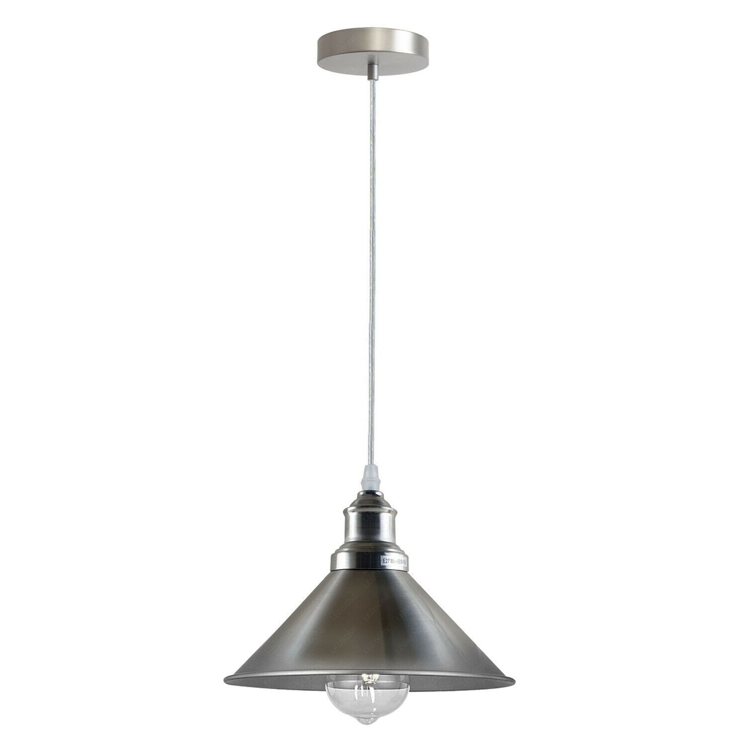 Industrial Vintage single ceiling pendant light with a metal cone design in satin finish, showcasing its elegant and modern aesthetic.