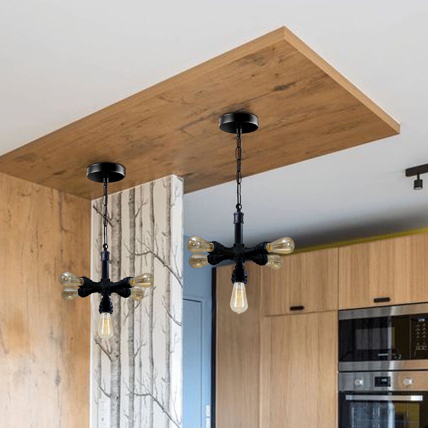 Industrial Vintage Steam Punk 5 Way Over Pendant Indoor Ceiling light with black metal finish, showcasing its unique design and elegant craftsmanship.