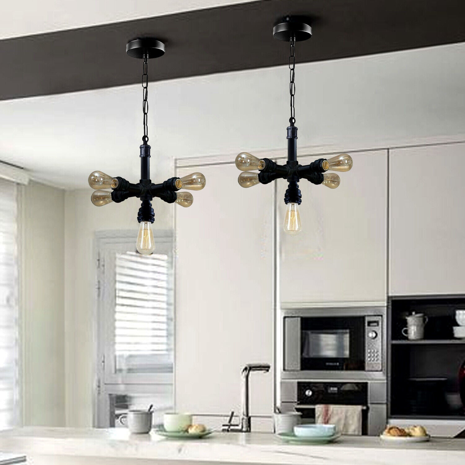 Industrial Vintage Steam Punk 5 Way Over Pendant Indoor Ceiling light with black metal finish, showcasing its unique design and elegant craftsmanship.
