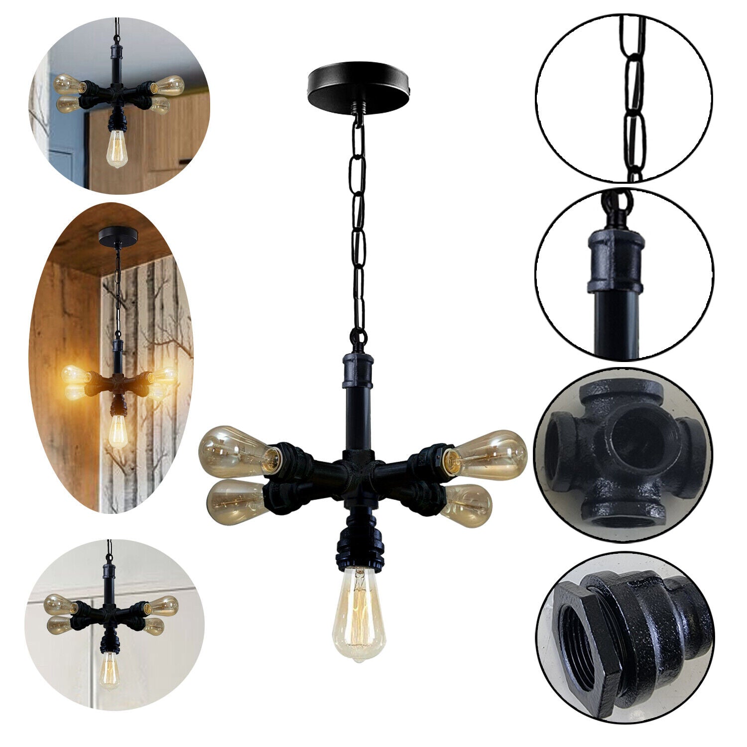 Industrial Vintage Steam Punk 5 Way Over Pendant Indoor Ceiling light with a unique design and black metal finish, perfect for various indoor settings.