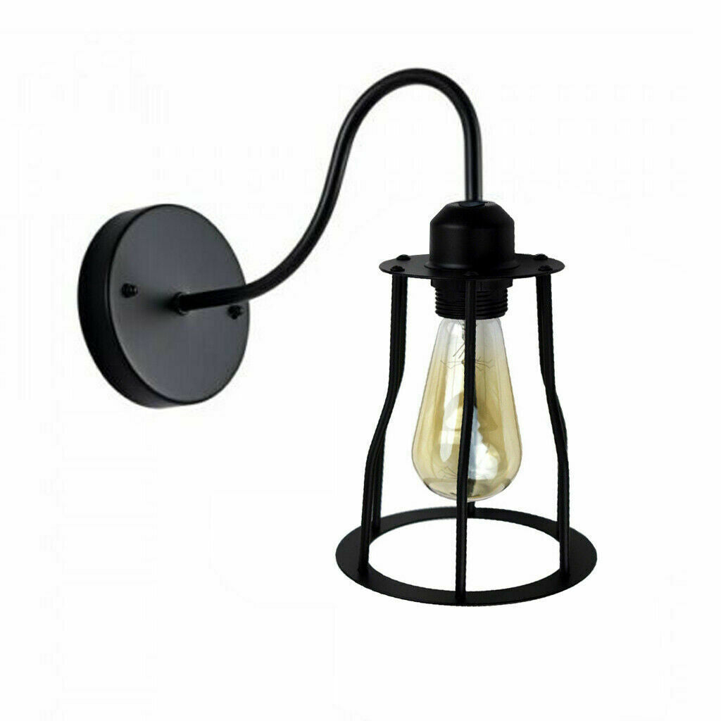 Industrial vintage wall lamp with wire cage design, E26 socket, and iron construction, available in multiple shapes.