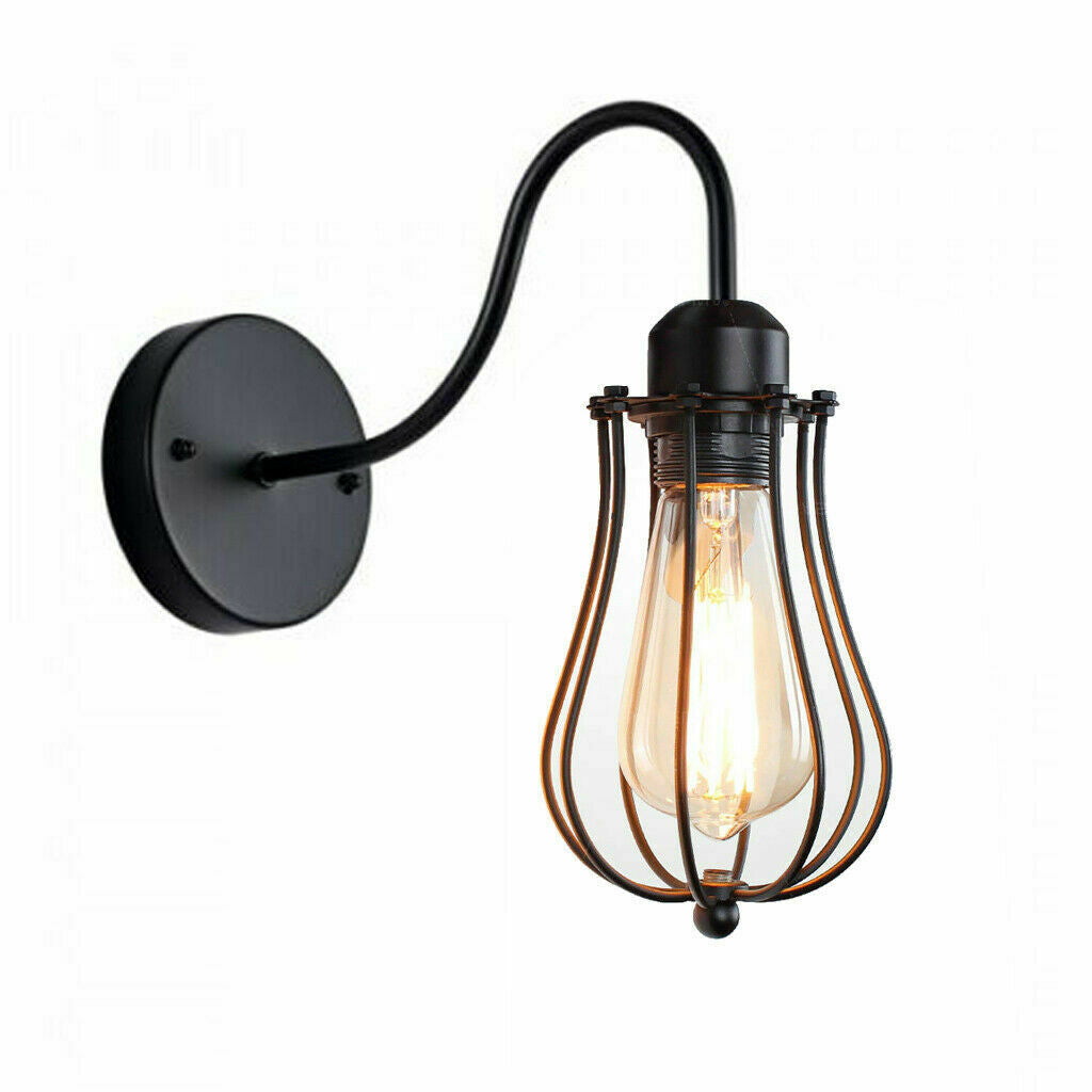 Industrial vintage wall lamp with wire cage design, E26 socket, and iron construction, available in multiple shapes.