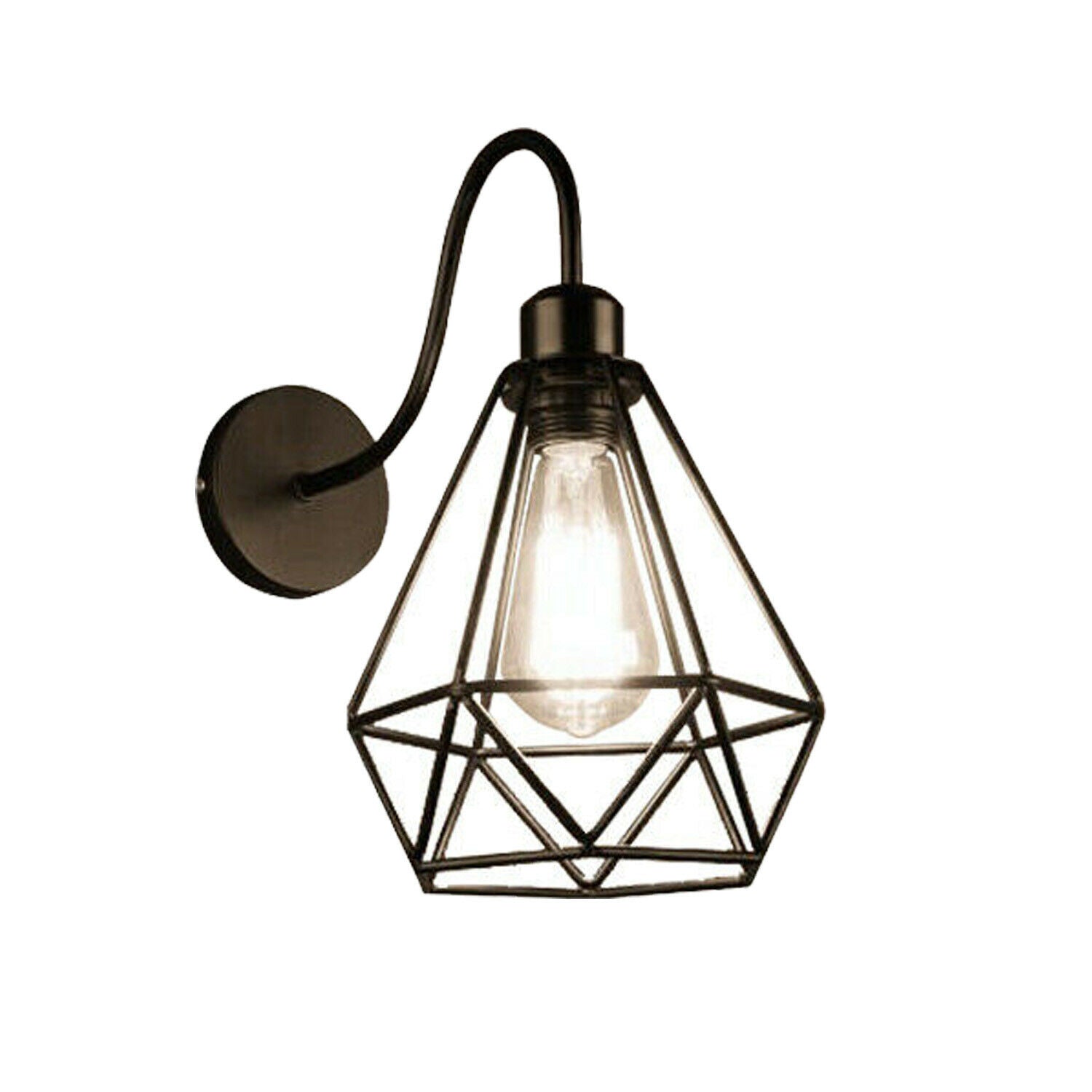Industrial vintage wall lamp with wire cage design, E26 socket, and iron construction, available in multiple shapes.