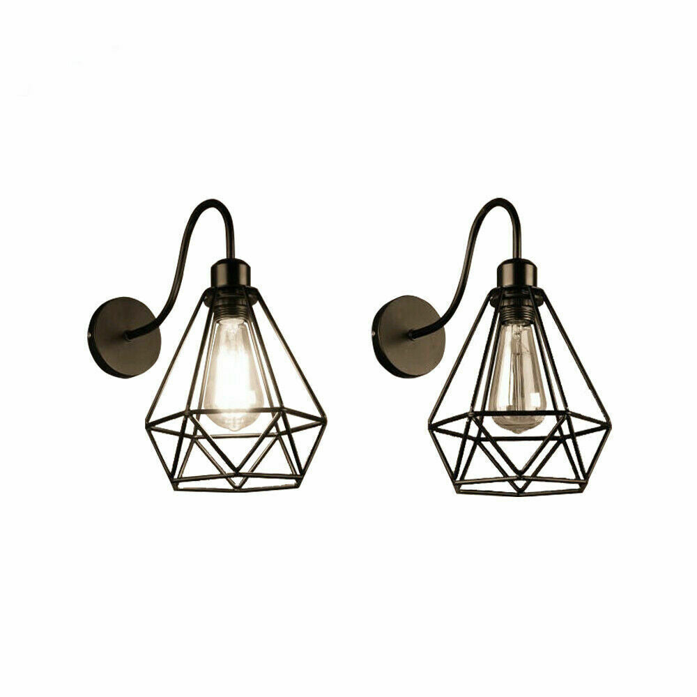 Industrial vintage wall lamp with wire cage design, E26 socket, and iron construction, available in multiple shapes.