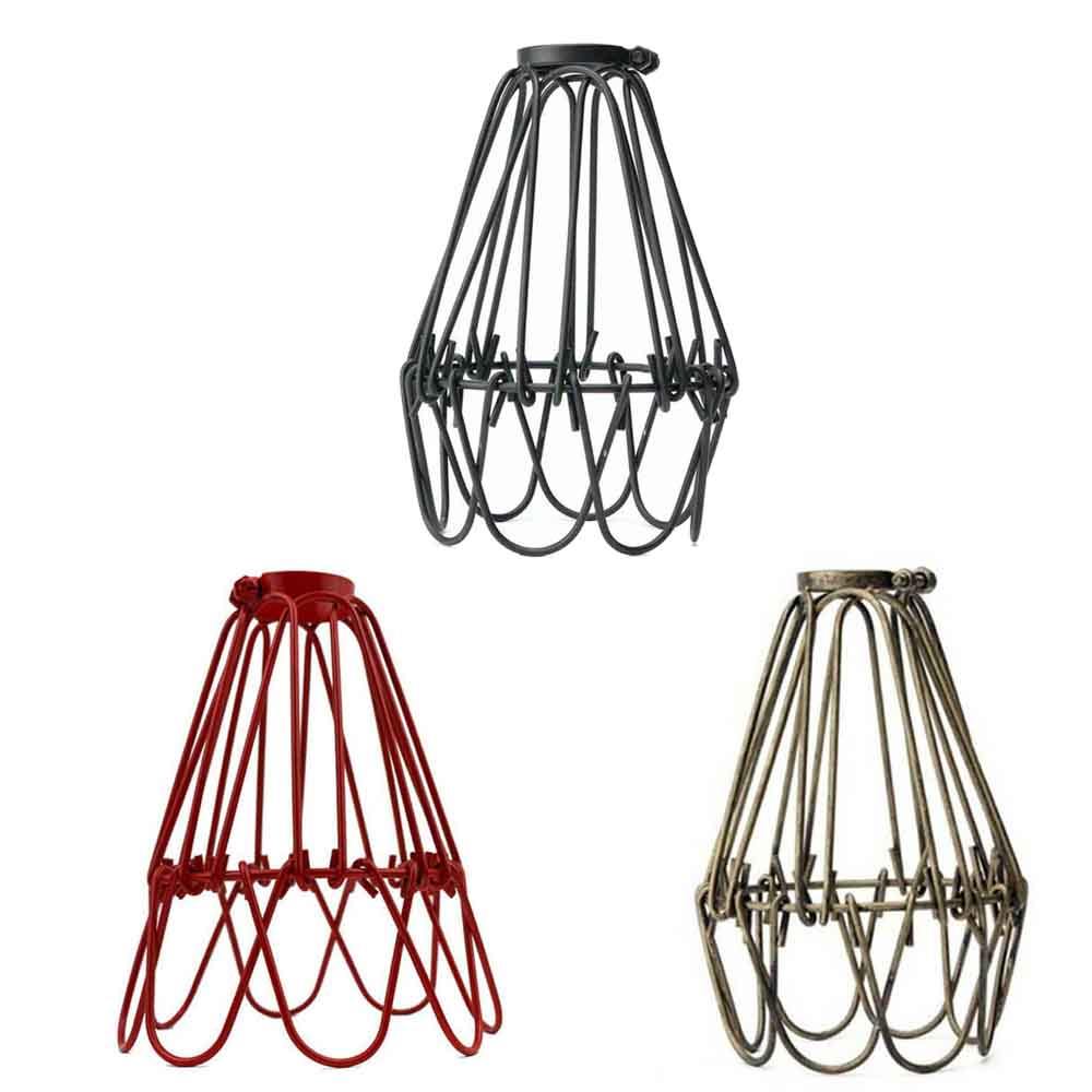 Industrial Water Lily Iron Wire Cage Lamp showcasing vintage design with a wire cage structure, available in black, brass, and red colors.