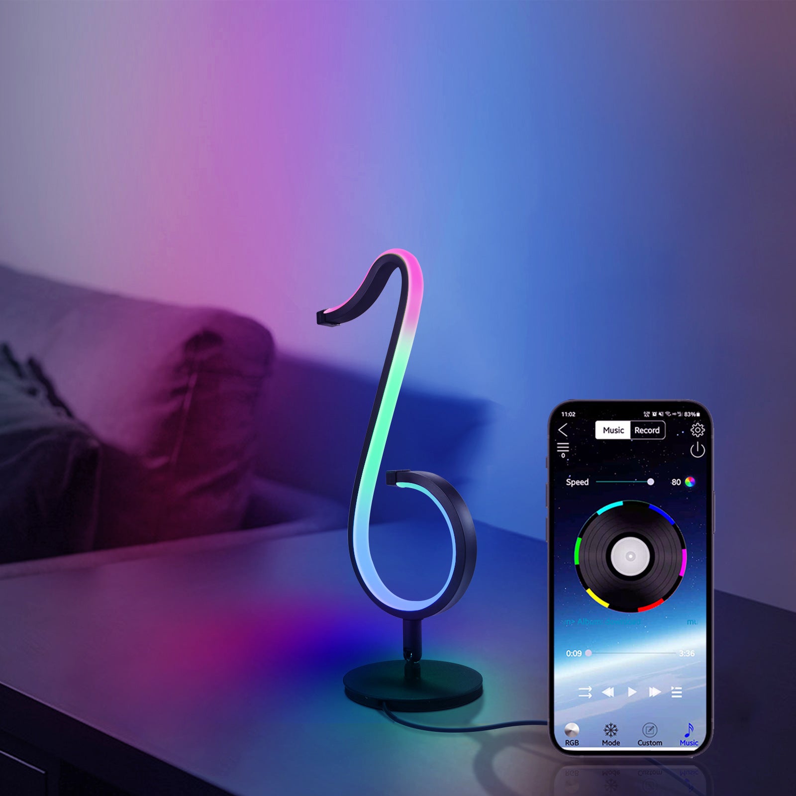 Intelligent APP Remote Control Symphony Atmosphere Light with rotating chassis and vibrant RGB colors, ideal for home and car ambiance.