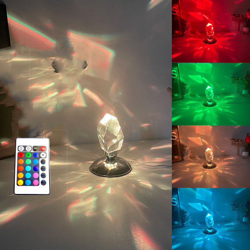 Elegant Led Crystal Night Light with remote control, showcasing its diamond cut design and vibrant color options.