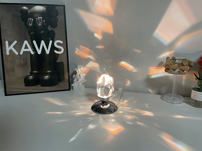 Elegant Led Crystal Night Light with remote control, showcasing its diamond cut design and vibrant color options.