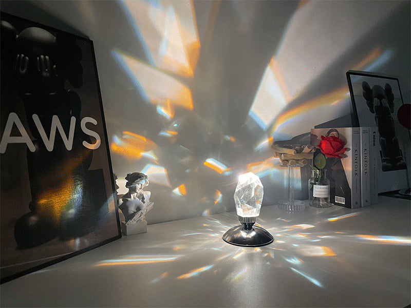 Elegant Led Crystal Night Light with remote control, showcasing its diamond cut design and vibrant color options.
