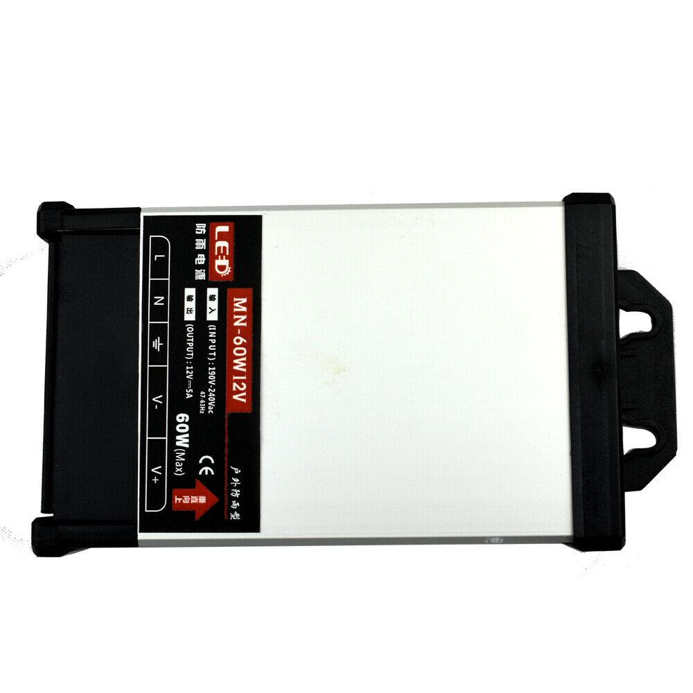 LED DC 12V 60W rainproof power supply transformer with aluminum casing, designed for outdoor LED lighting applications.