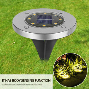 Four LED solar powered path lights in a garden setting, showcasing their waterproof and stainless steel design.