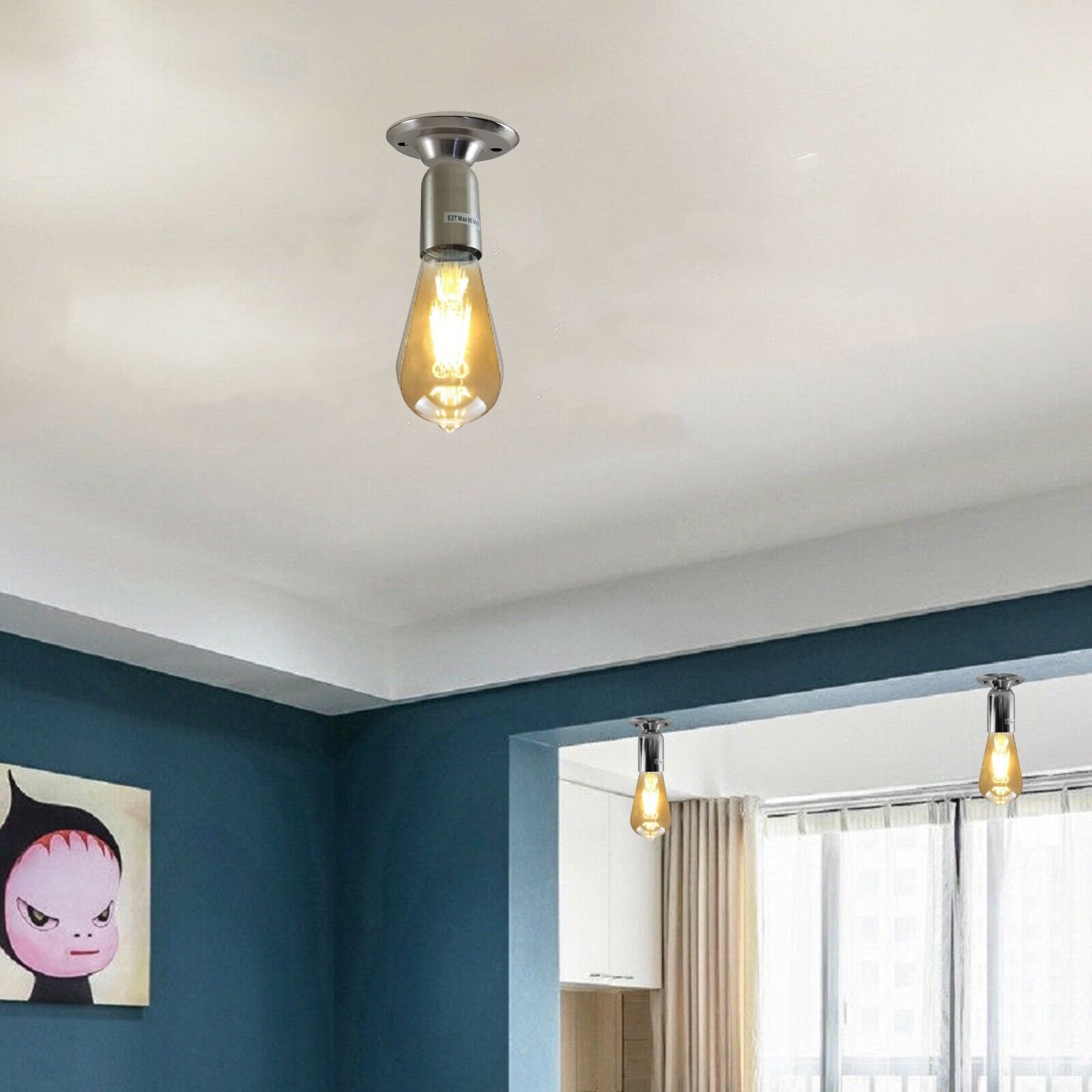 Industrial Semi Flush Mount Light Bulb Holder in various finishes, showcasing its vintage design and E27 compatibility.