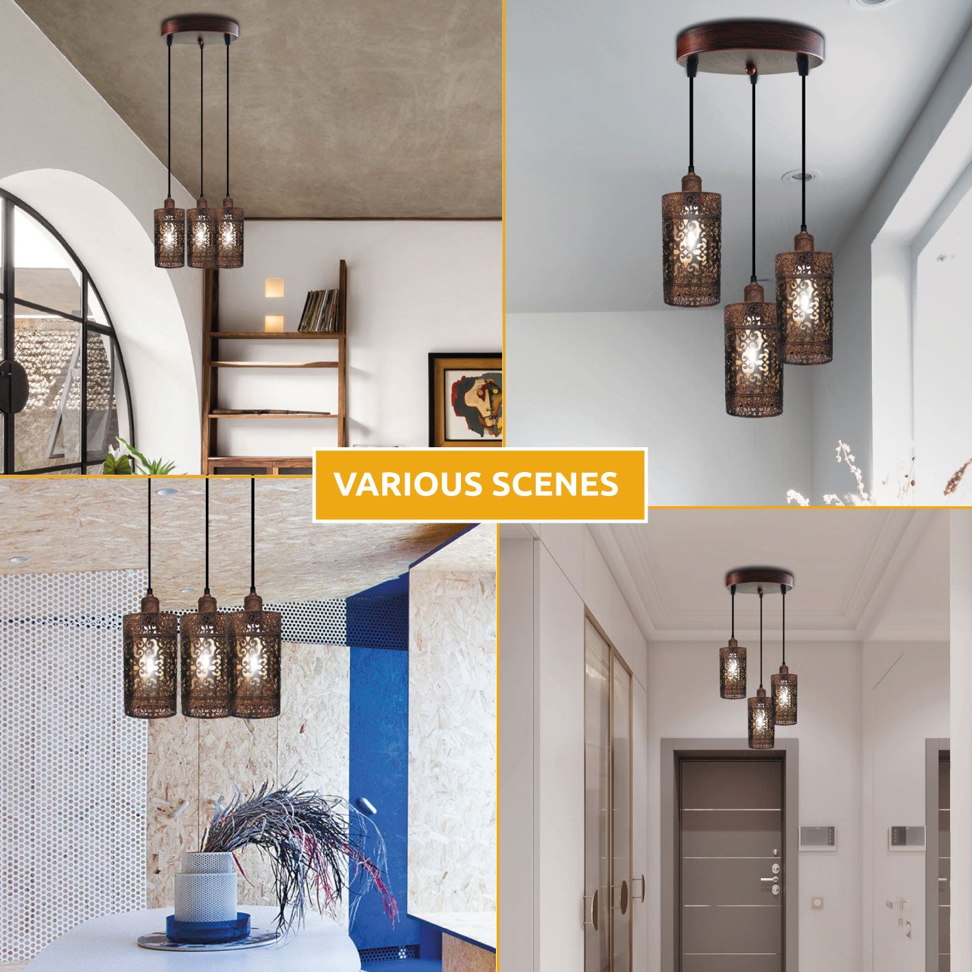 Metal Barrel Cage 3 Head Pendant Light in Rustic Red showcasing its vintage design and three adjustable pendant holders.