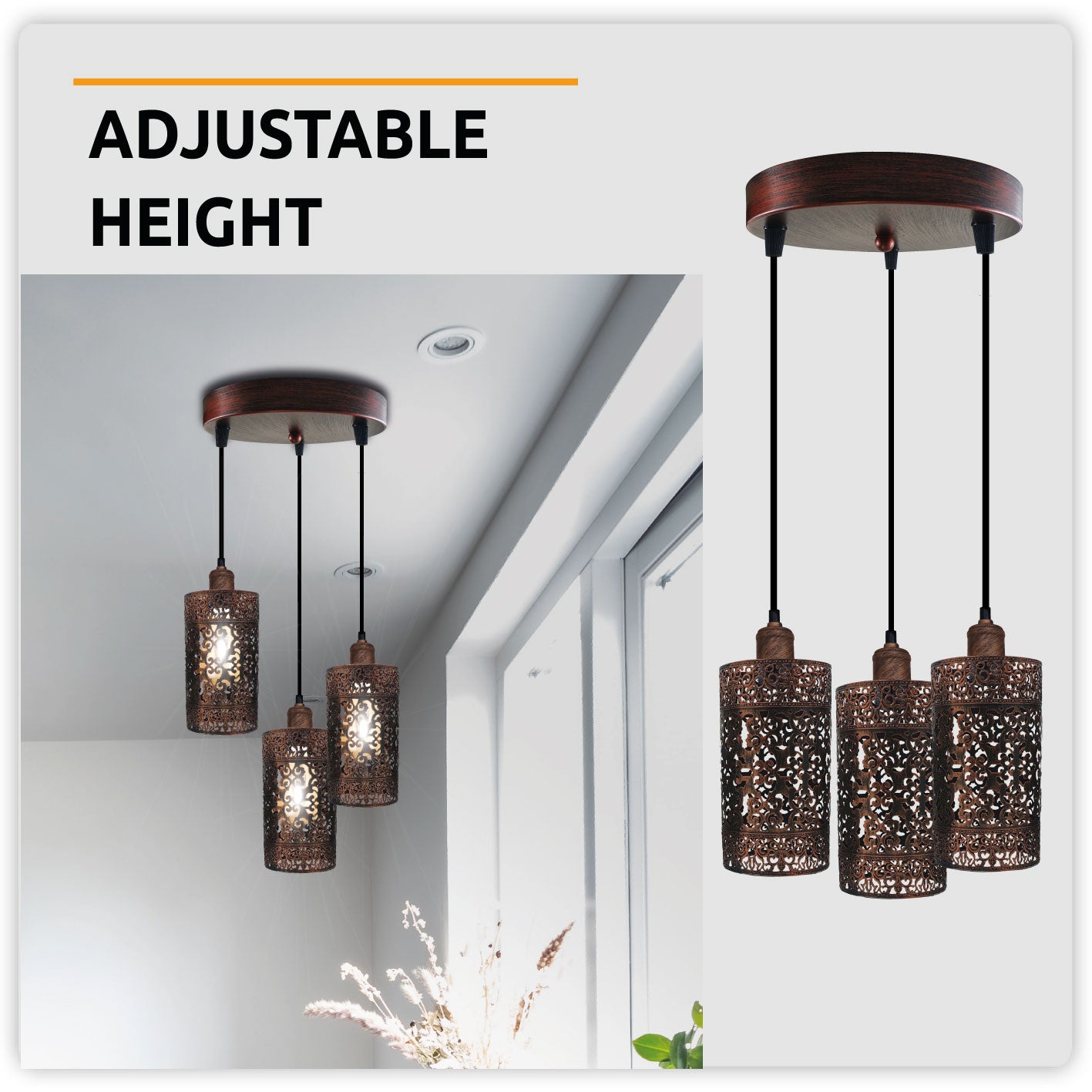 Metal Barrel Cage 3 Head Pendant Light in Rustic Red showcasing its vintage design and three adjustable pendant holders.