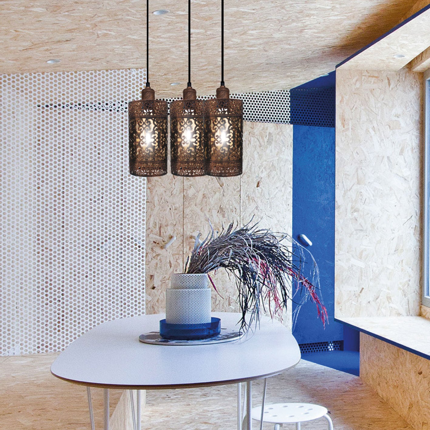 Metal Barrel Cage 3 Head Pendant Light in Rustic Red showcasing its vintage design and three adjustable pendant holders.