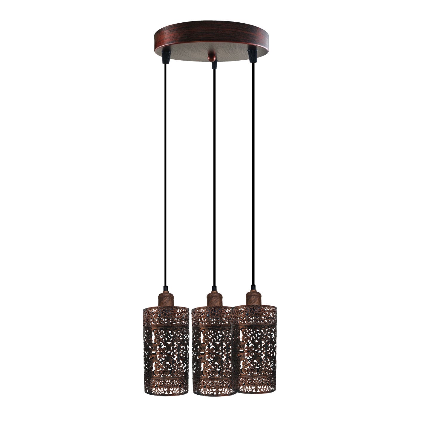 Metal Barrel Cage 3 Head Pendant Light in Rustic Red showcasing its vintage design and three adjustable pendant holders.