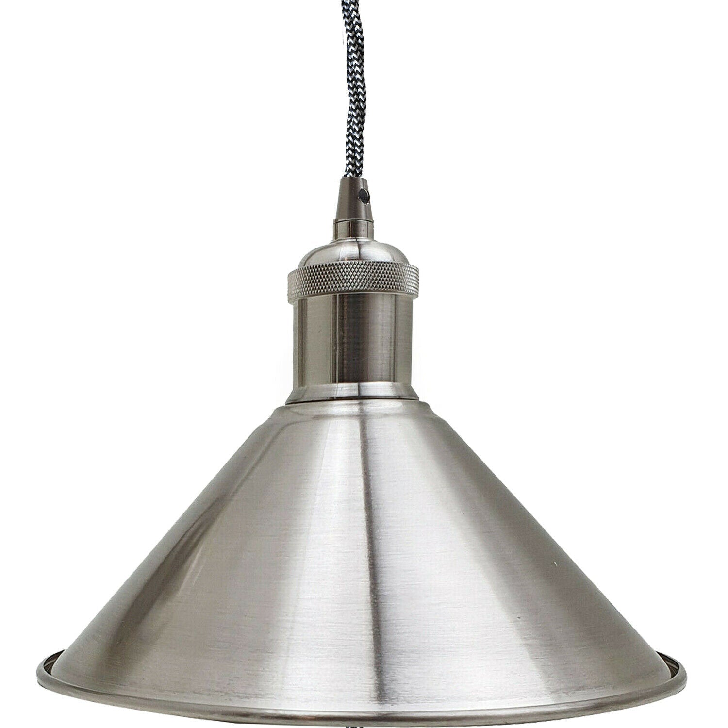 Vintage loft style metal ceiling pendant lamp with satin nickel finish, featuring a single E27 bulb holder and 95cm fabric cable.