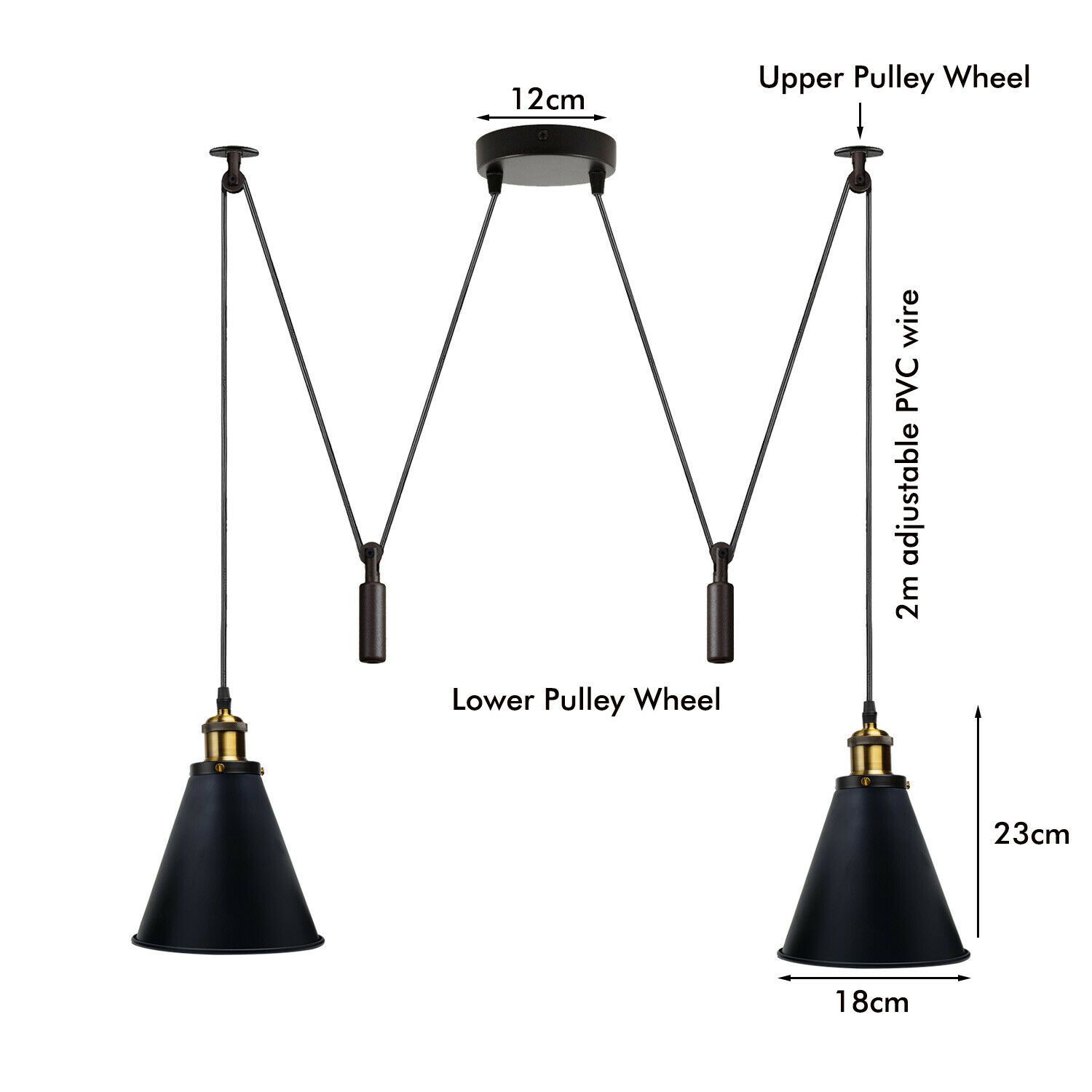 Retro Industrial Metal Cone Shape Black Ceiling Pendant Light with two shades and E27 holders, perfect for ambient lighting.
