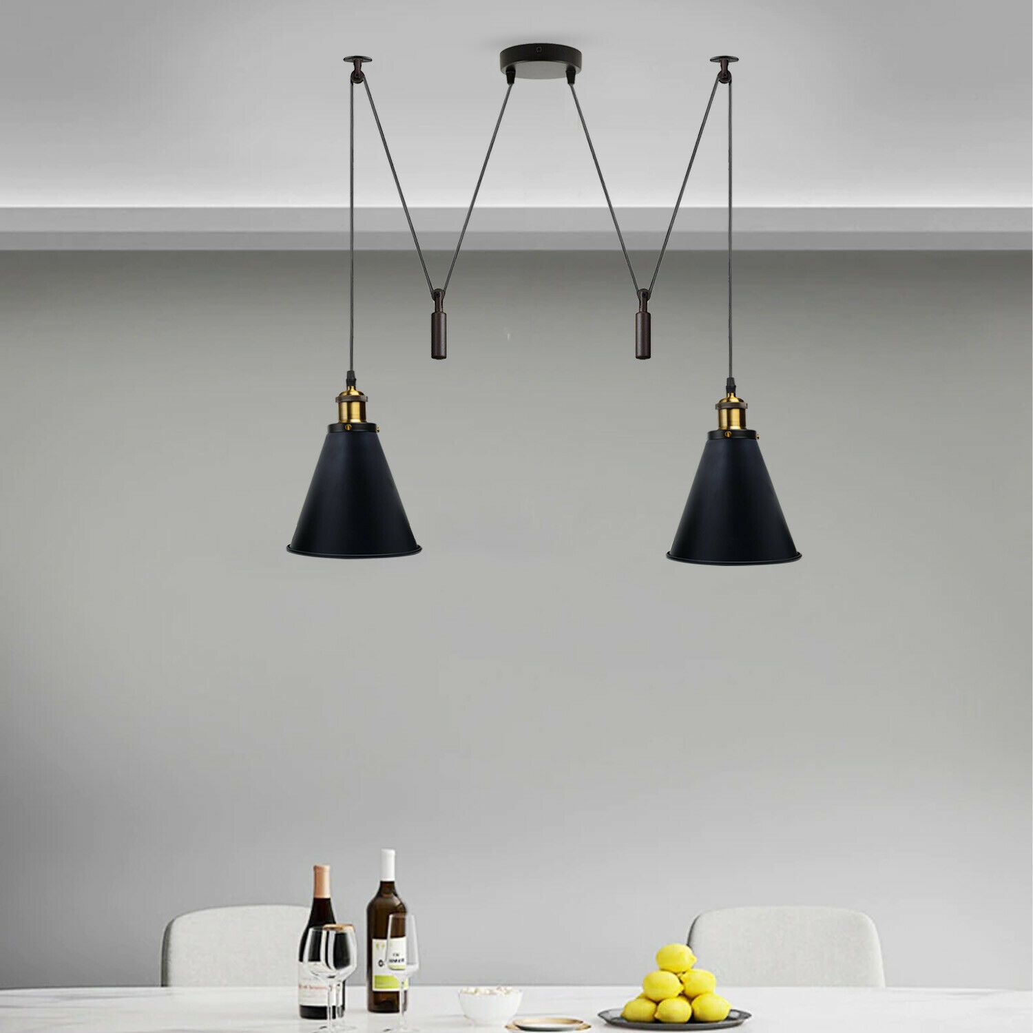 Retro Industrial Metal Cone Shape Black Ceiling Pendant Light with two shades and E27 holders, perfect for ambient lighting.