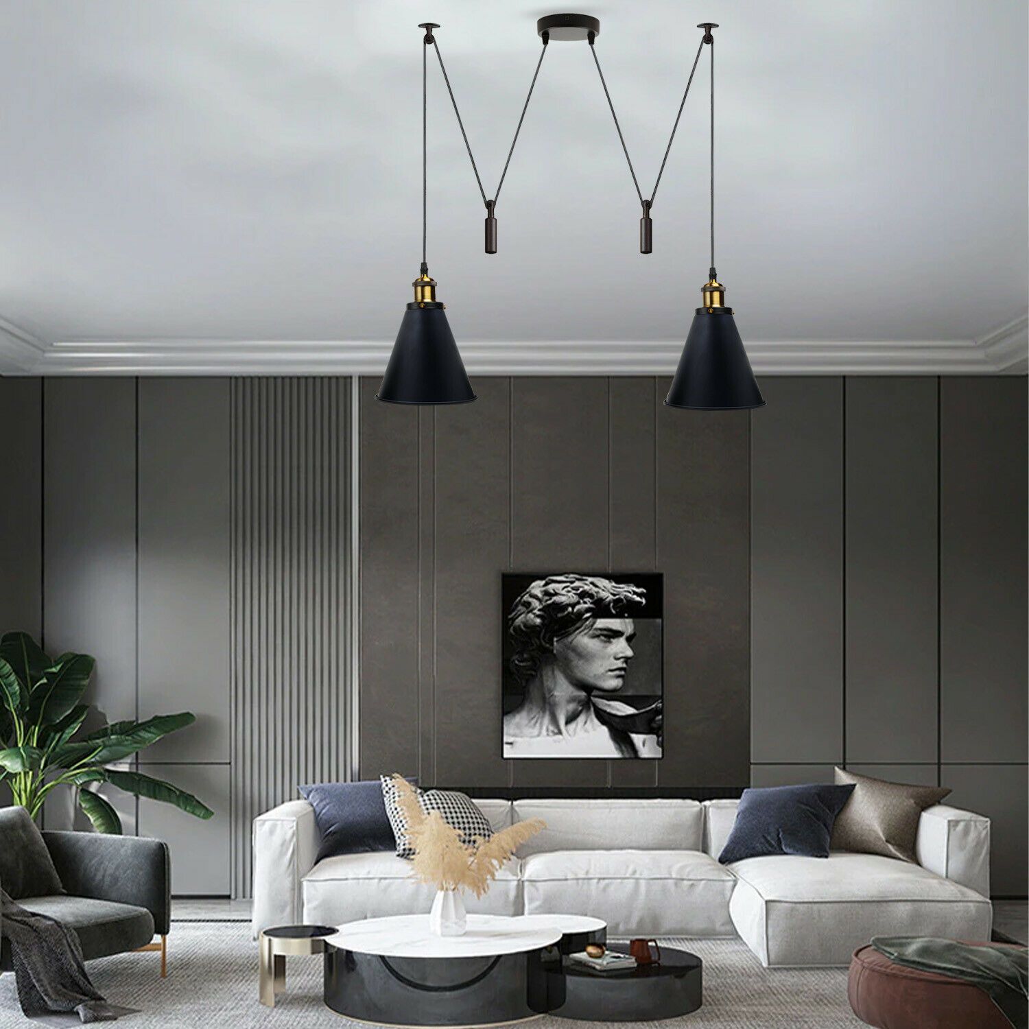 Retro Industrial Metal Cone Shape Black Ceiling Pendant Light with two shades and E27 holders, perfect for ambient lighting.